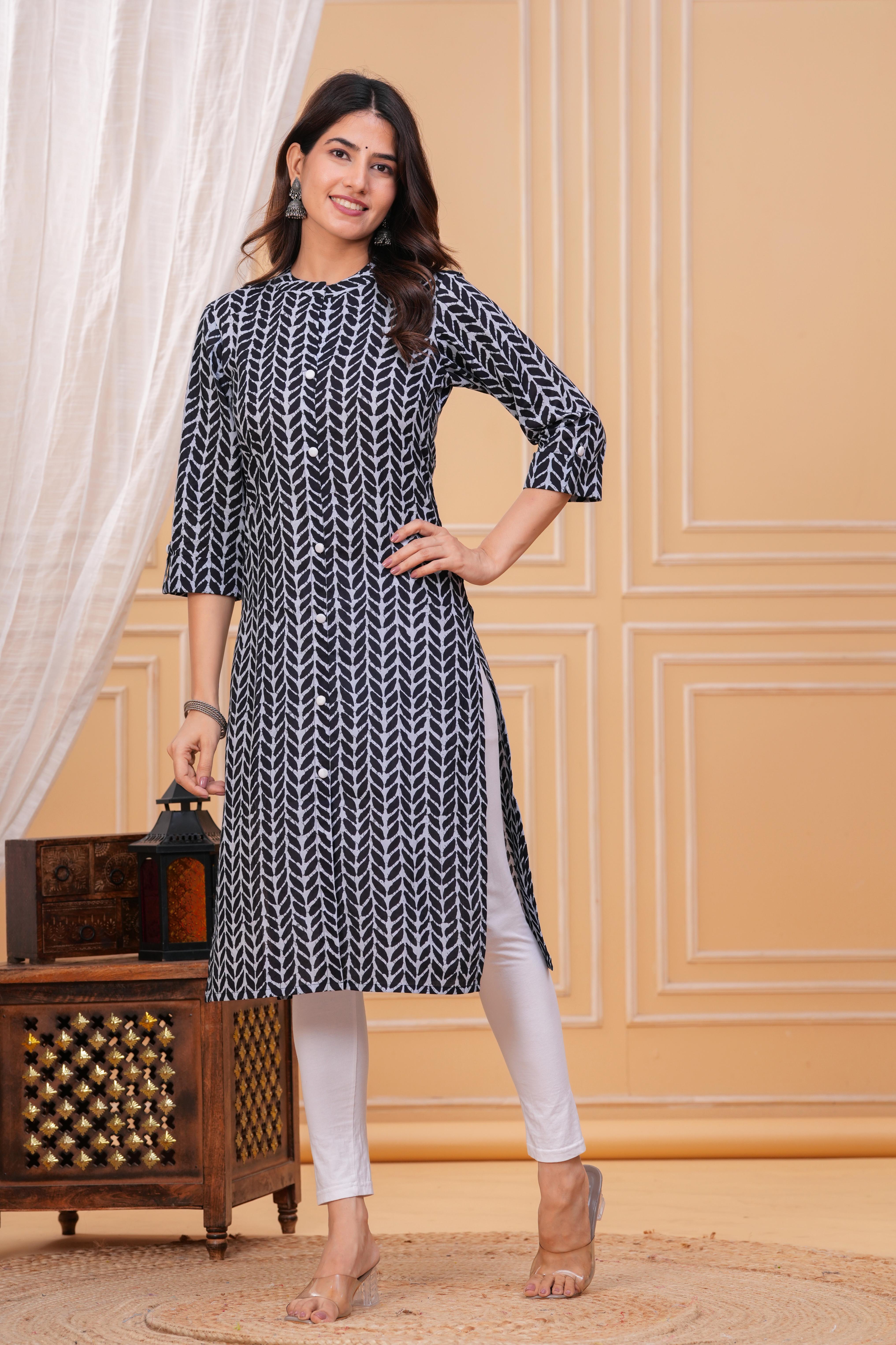lack & Grey Printed Cotton Long Kurta for Women – Elegant Monochrome Style in Pure Cotton