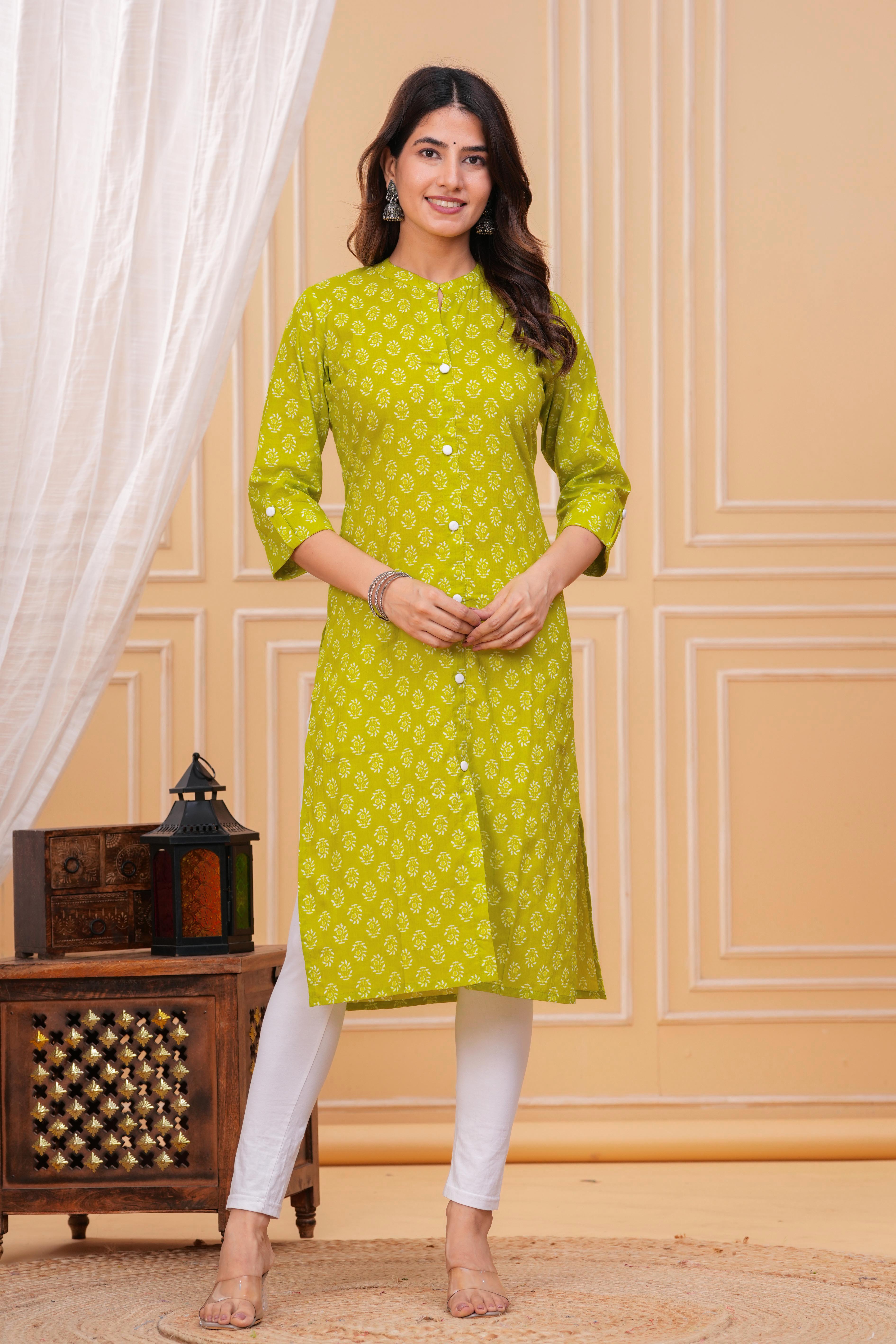 Greenish Yellow Cotton Long Kurta for Women – Bright, Breezy & Perfect for Everyday Wear