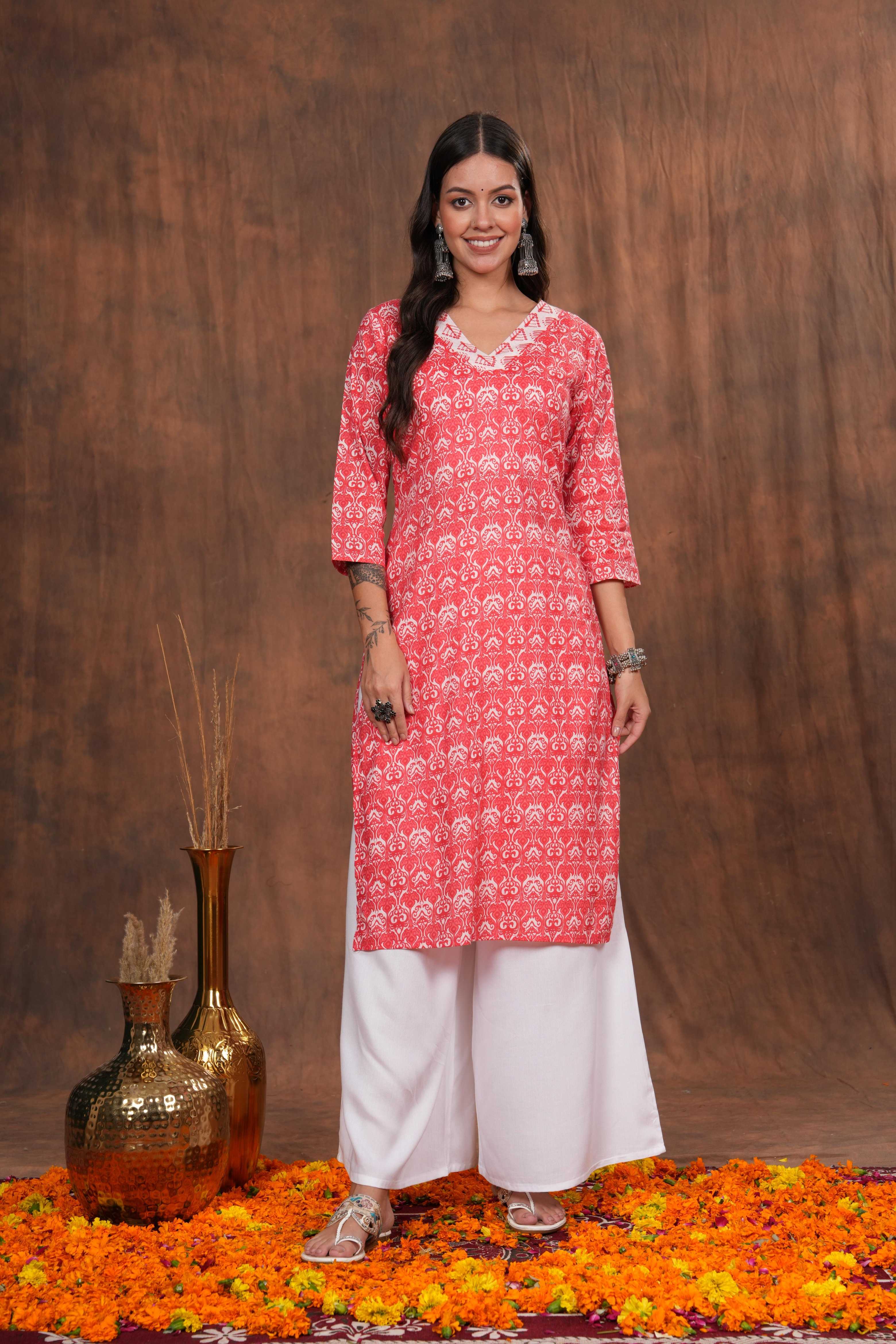Red Cotton Kurti with Traditional Block Print Design - Soft, Breathable Fabric for Everyday Comfort and Effortless Ethnic Style