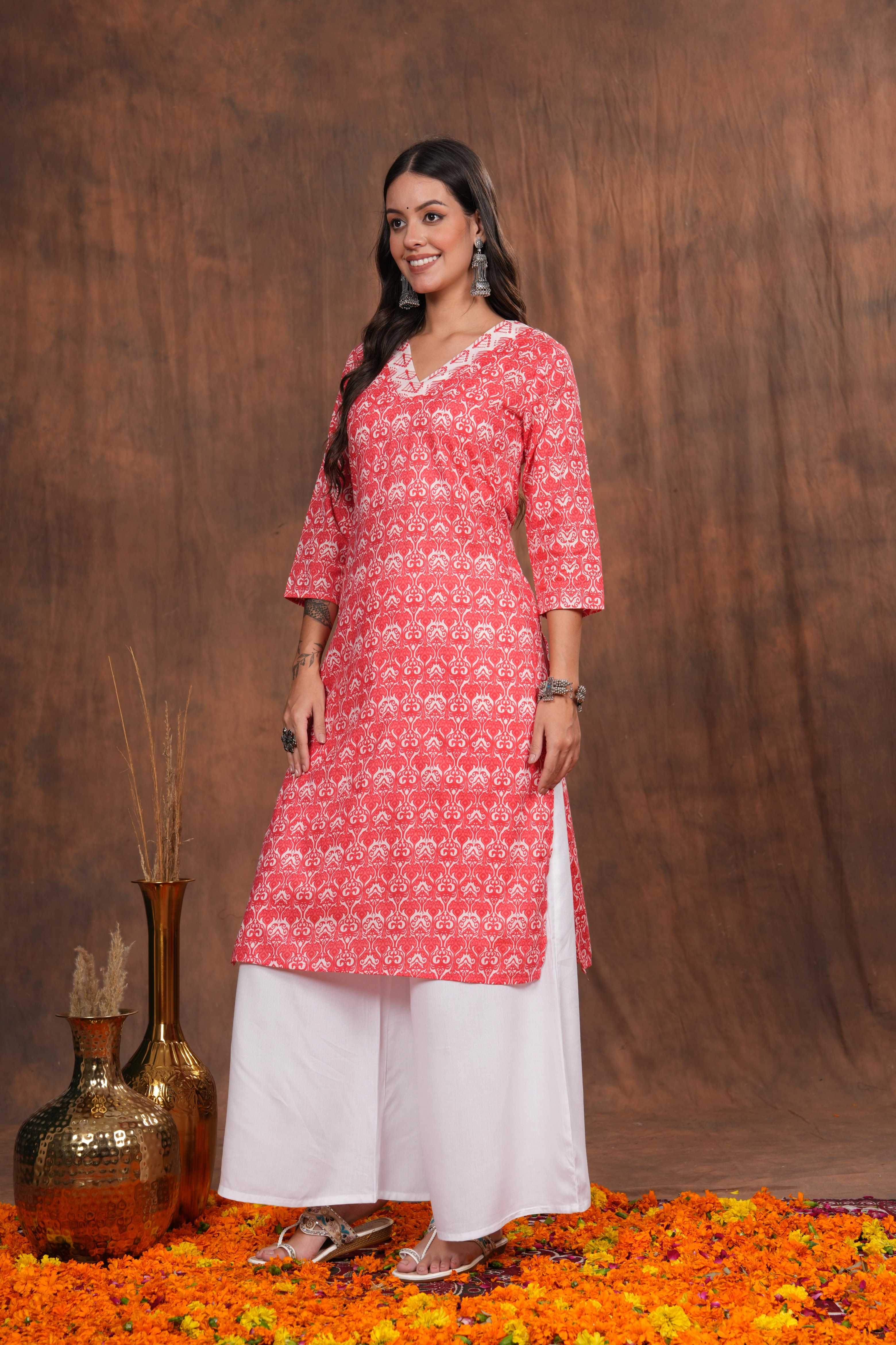 Red Cotton Kurti with Traditional Block Print Design - Soft, Breathable Fabric for Everyday Comfort and Effortless Ethnic Style