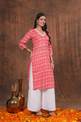 Red Cotton Kurti with Traditional Block Print Design - Soft, Breathable Fabric for Everyday Comfort and Effortless Ethnic Style