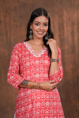 Red Cotton Kurti with Traditional Block Print Design - Soft, Breathable Fabric for Everyday Comfort and Effortless Ethnic Style