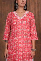 Red Cotton Kurti with Traditional Block Print Design - Soft, Breathable Fabric for Everyday Comfort and Effortless Ethnic Style