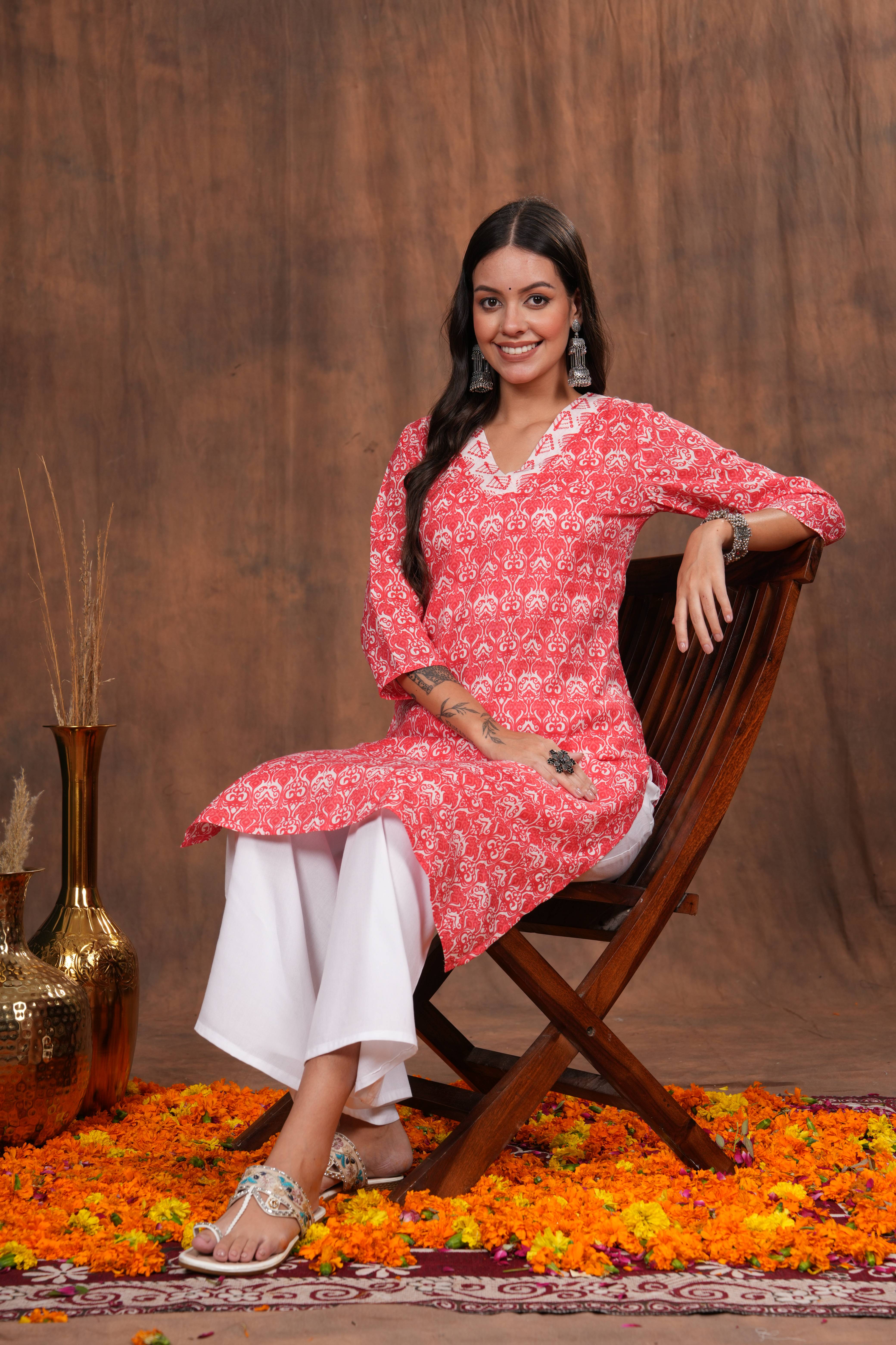 Red Cotton Kurti with Traditional Block Print Design - Soft, Breathable Fabric for Everyday Comfort and Effortless Ethnic Style