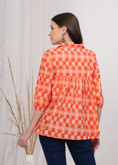 Bright Orange Shirt Collar Flared Cotton Top- Standout Style with A Bold Pop of Color