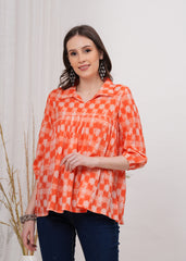 Bright Orange Shirt Collar Flared Cotton Top- Standout Style with A Bold Pop of Color