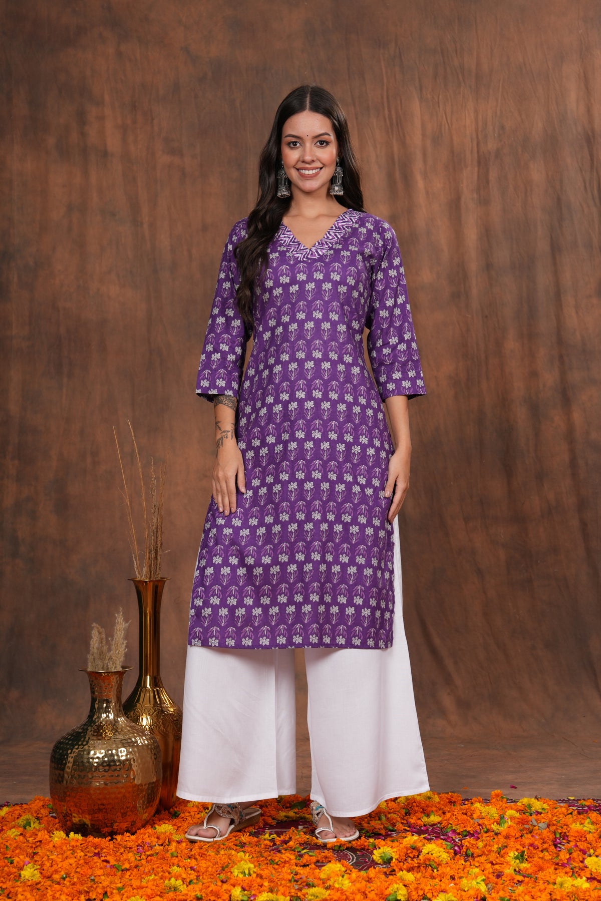 Regal Elegance Purple Block Print Cotton  Kurti -Lavender Dream Beautifully Crafted