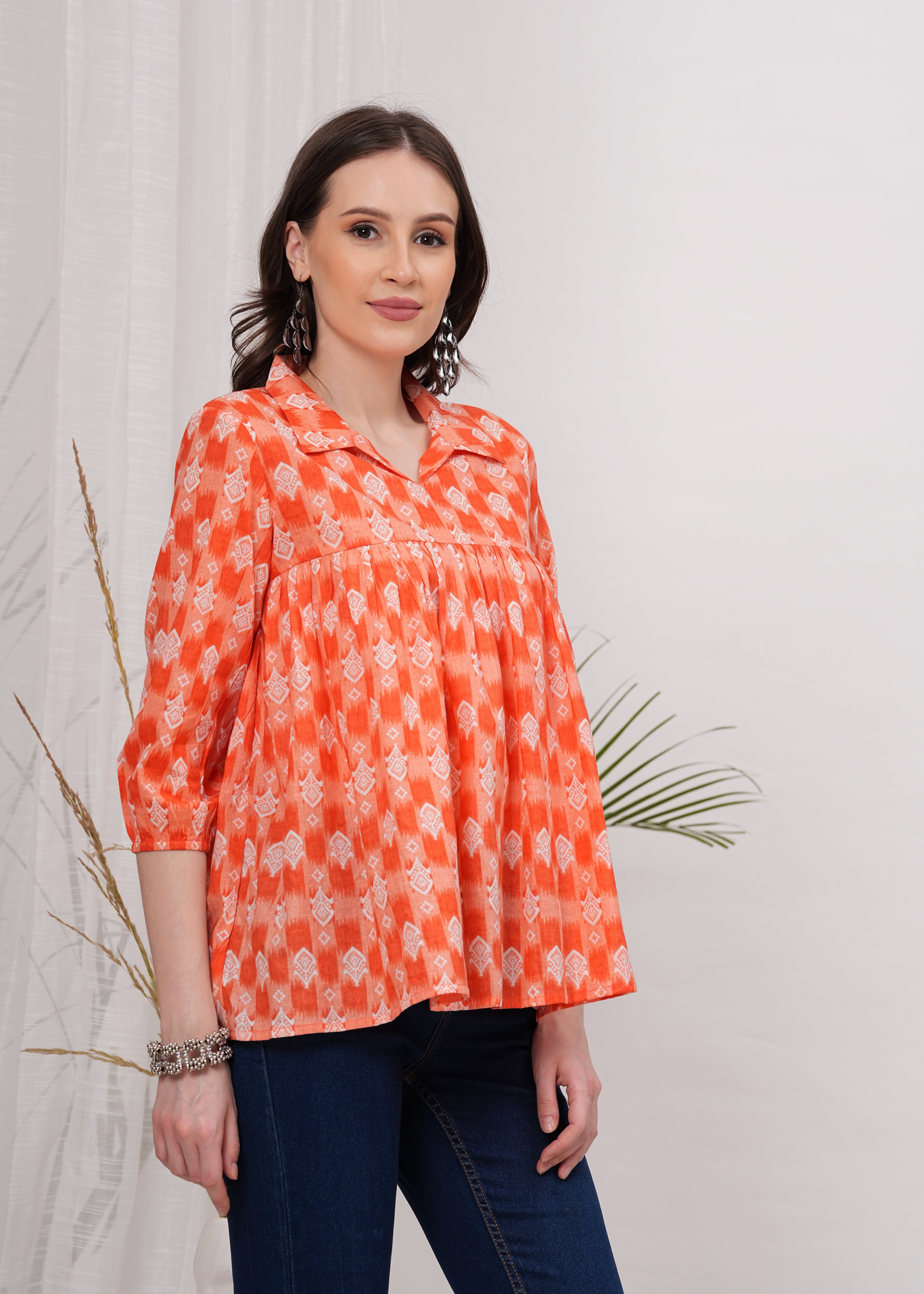 Bright Orange Shirt Collar Flared Cotton Top- Standout Style with A Bold Pop of Color