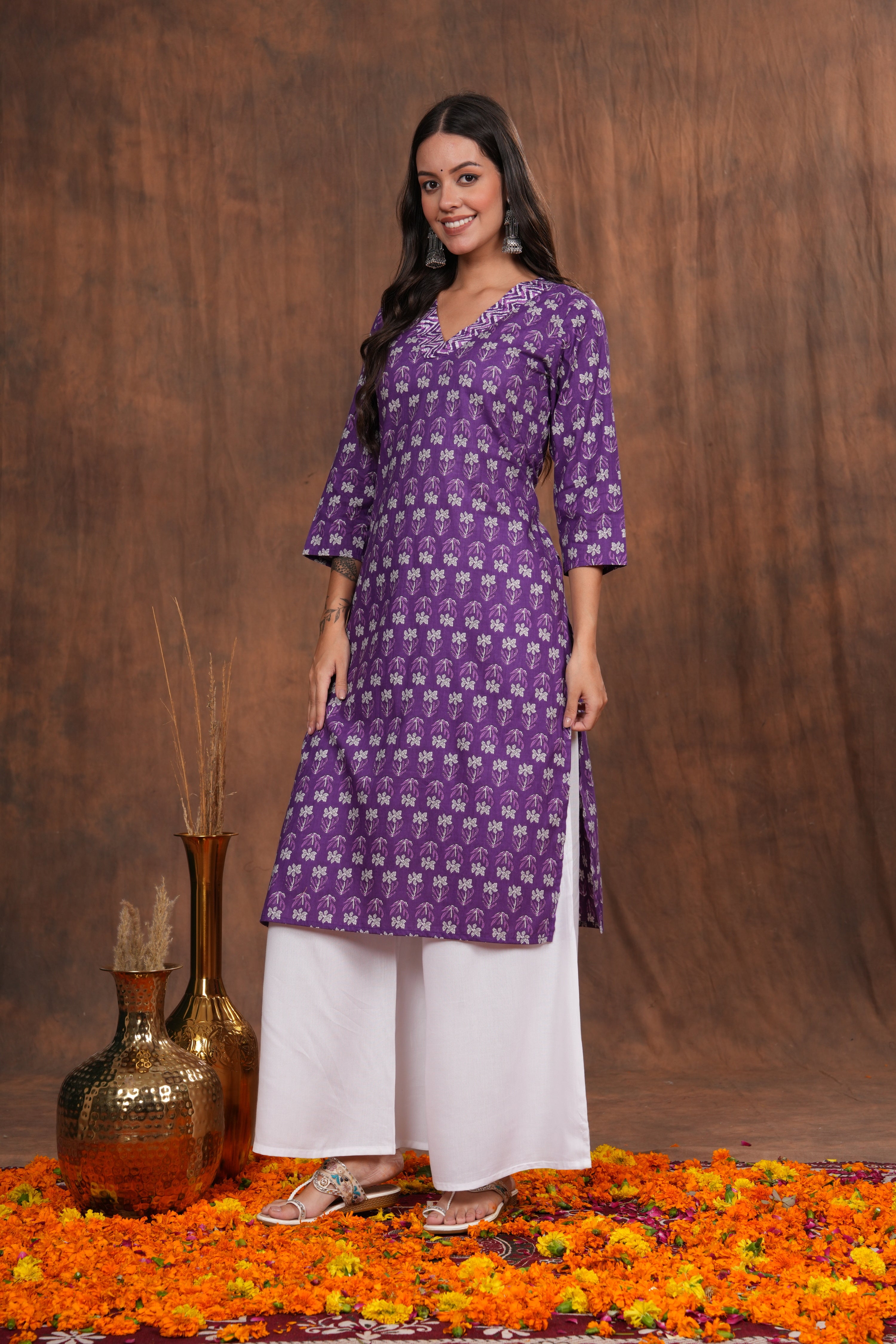 Regal Elegance Purple Block Print Cotton  Kurti -Lavender Dream Beautifully Crafted