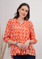 Bright Orange Shirt Collar Flared Cotton Top- Standout Style with A Bold Pop of Color