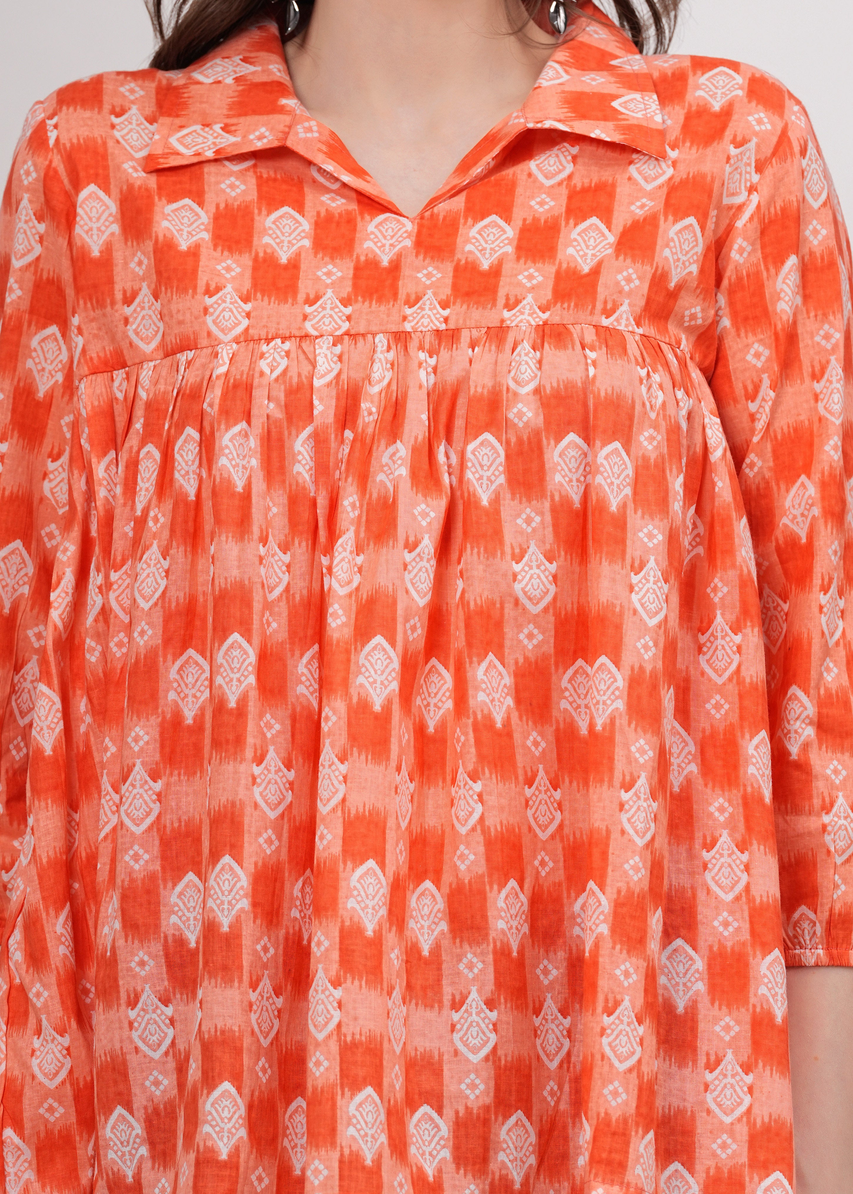 Bright Orange Shirt Collar Flared Cotton Top- Standout Style with A Bold Pop of Color