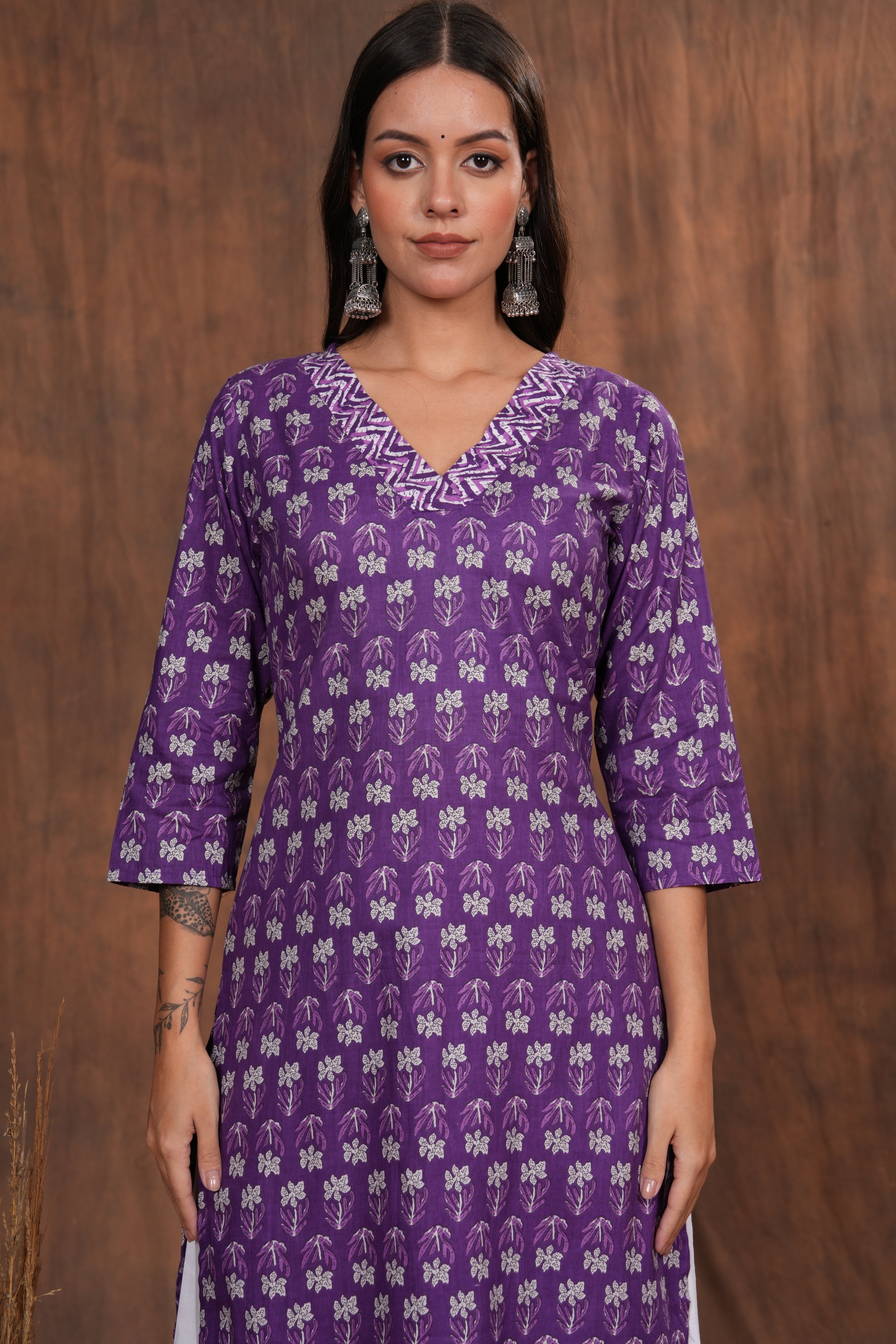 Regal Elegance Purple Block Print Cotton  Kurti -Lavender Dream Beautifully Crafted