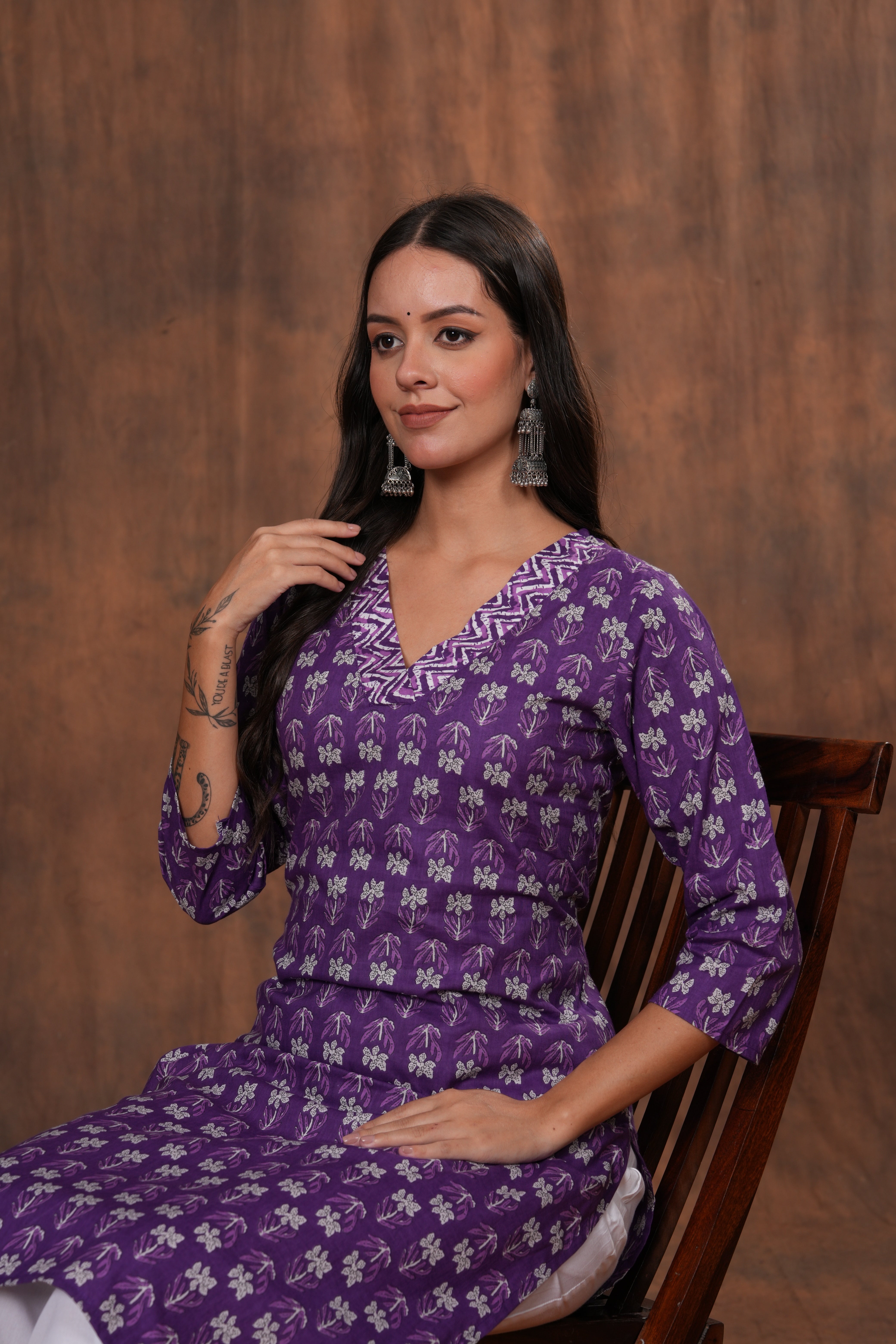 Regal Elegance Purple Block Print Cotton  Kurti -Lavender Dream Beautifully Crafted