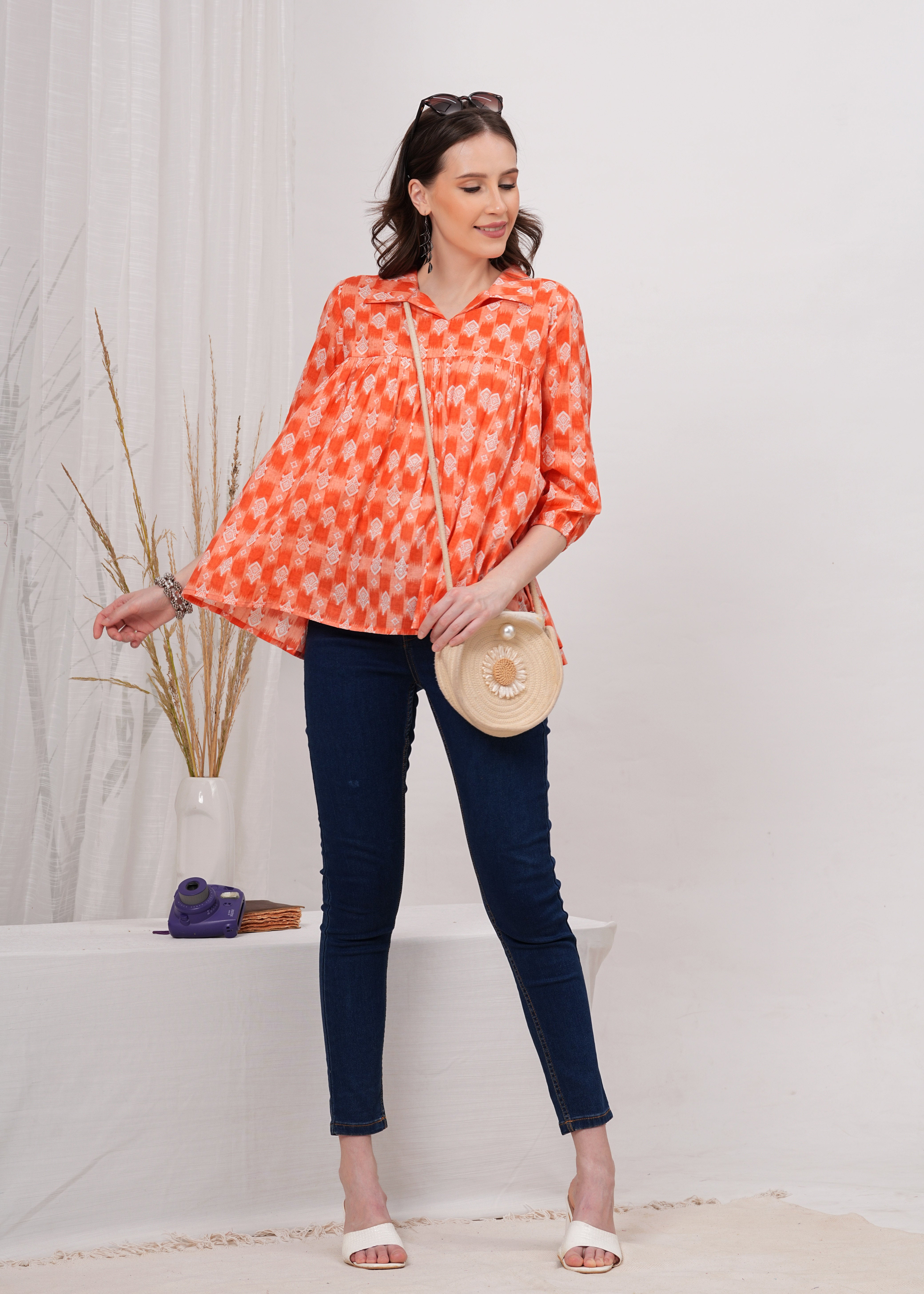 Bright Orange Shirt Collar Flared Cotton Top- Standout Style with A Bold Pop of Color