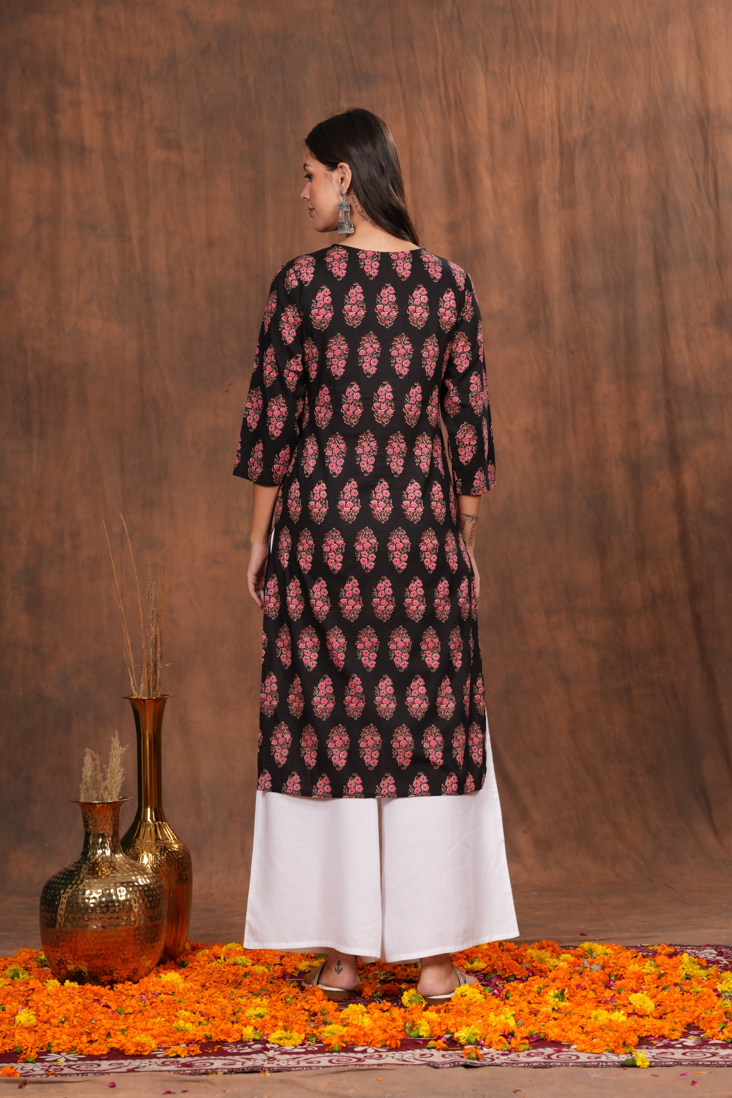Black Kurti Adorned with Pink Floral Prints Cotton Kurti -Feminine Flair