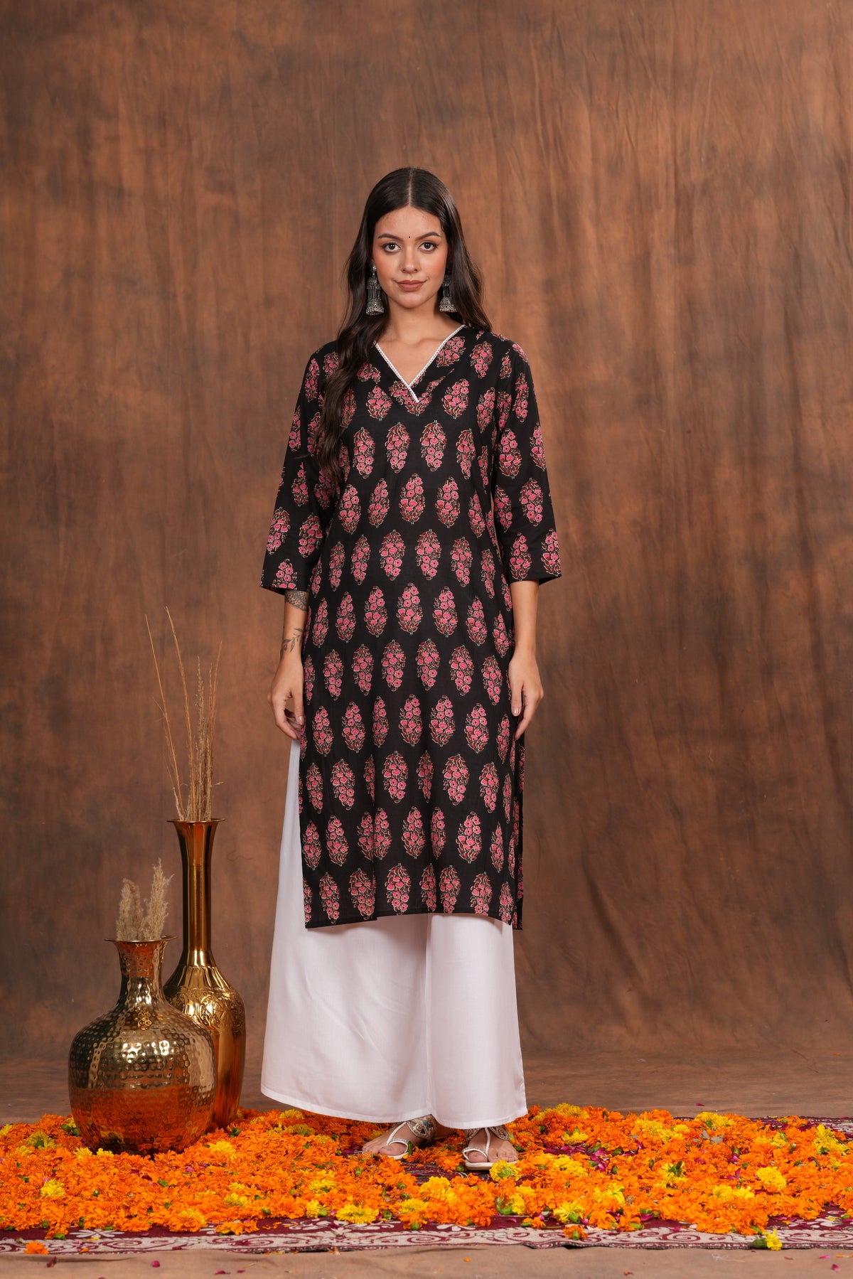 Black Kurti Adorned with Pink Floral Prints Cotton Kurti -Feminine Flair