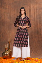 Black Kurti Adorned with Pink Floral Prints Cotton Kurti -Feminine Flair