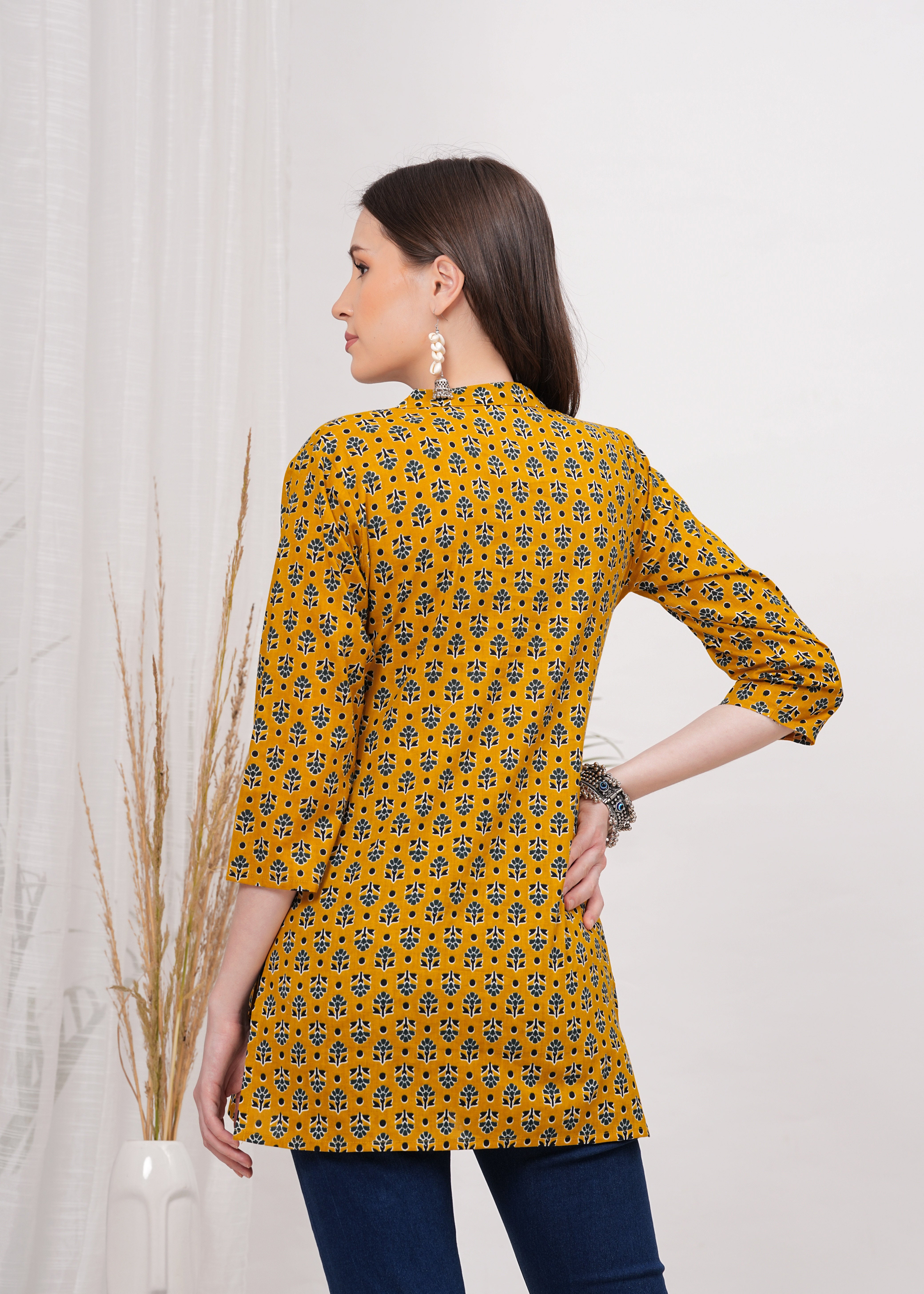Chinese Collar with Button Chic Mustard Color Cotton Short Kurti -Warm Trendy and Effortless Style