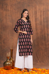 Black Kurti Adorned with Pink Floral Prints Cotton Kurti -Feminine Flair