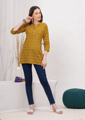 Chinese Collar with Button Chic Mustard Color Cotton Short Kurti -Warm Trendy and Effortless Style