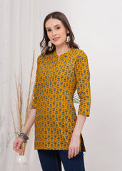 Chinese Collar with Button Chic Mustard Color Cotton Short Kurti -Warm Trendy and Effortless Style