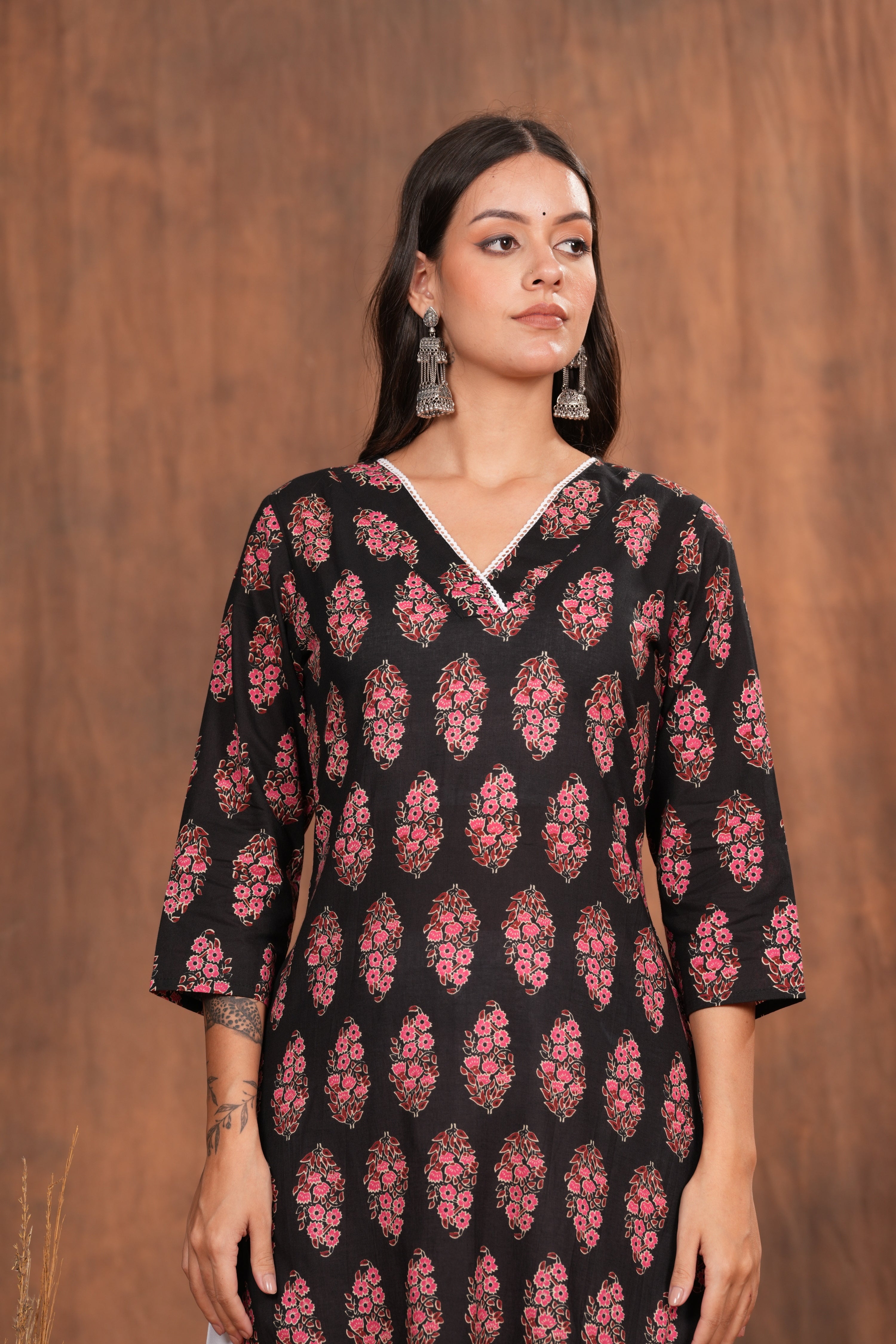 Black Kurti Adorned with Pink Floral Prints Cotton Kurti -Feminine Flair