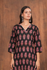 Black Kurti Adorned with Pink Floral Prints Cotton Kurti -Feminine Flair