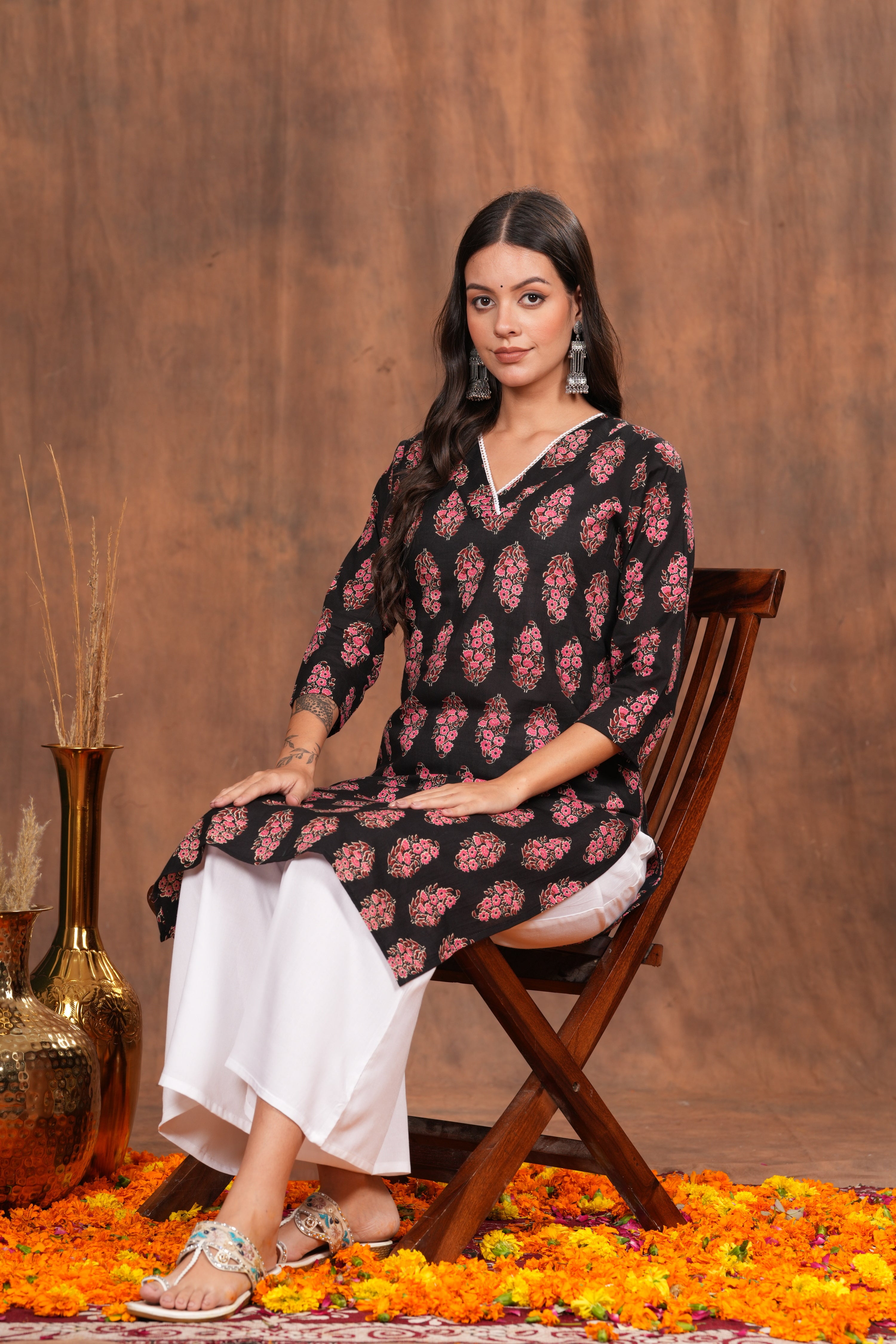 Black Kurti Adorned with Pink Floral Prints Cotton Kurti -Feminine Flair