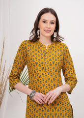 Chinese Collar with Button Chic Mustard Color Cotton Short Kurti -Warm Trendy and Effortless Style