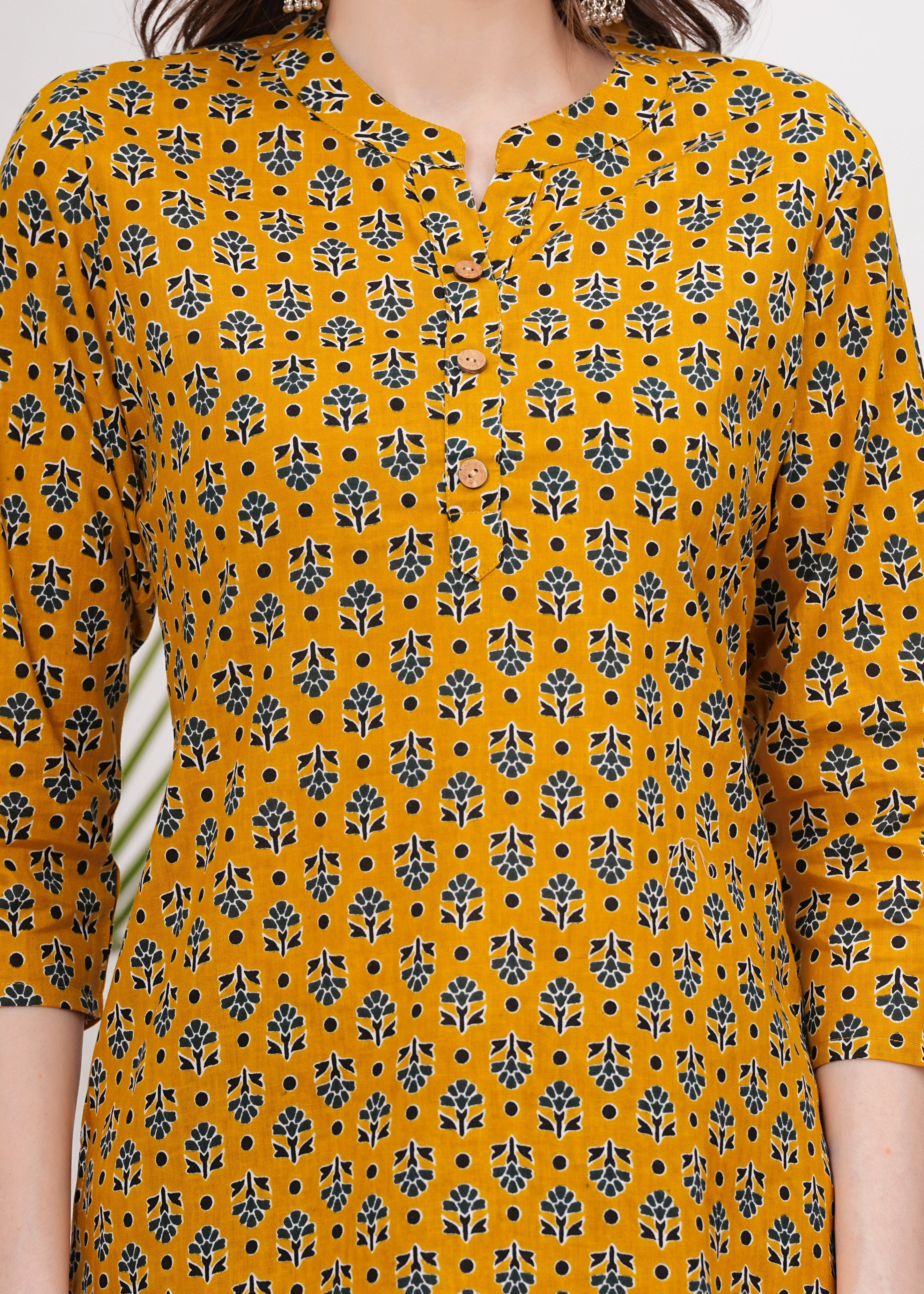 Chinese Collar with Button Chic Mustard Color Cotton Short Kurti -Warm Trendy and Effortless Style