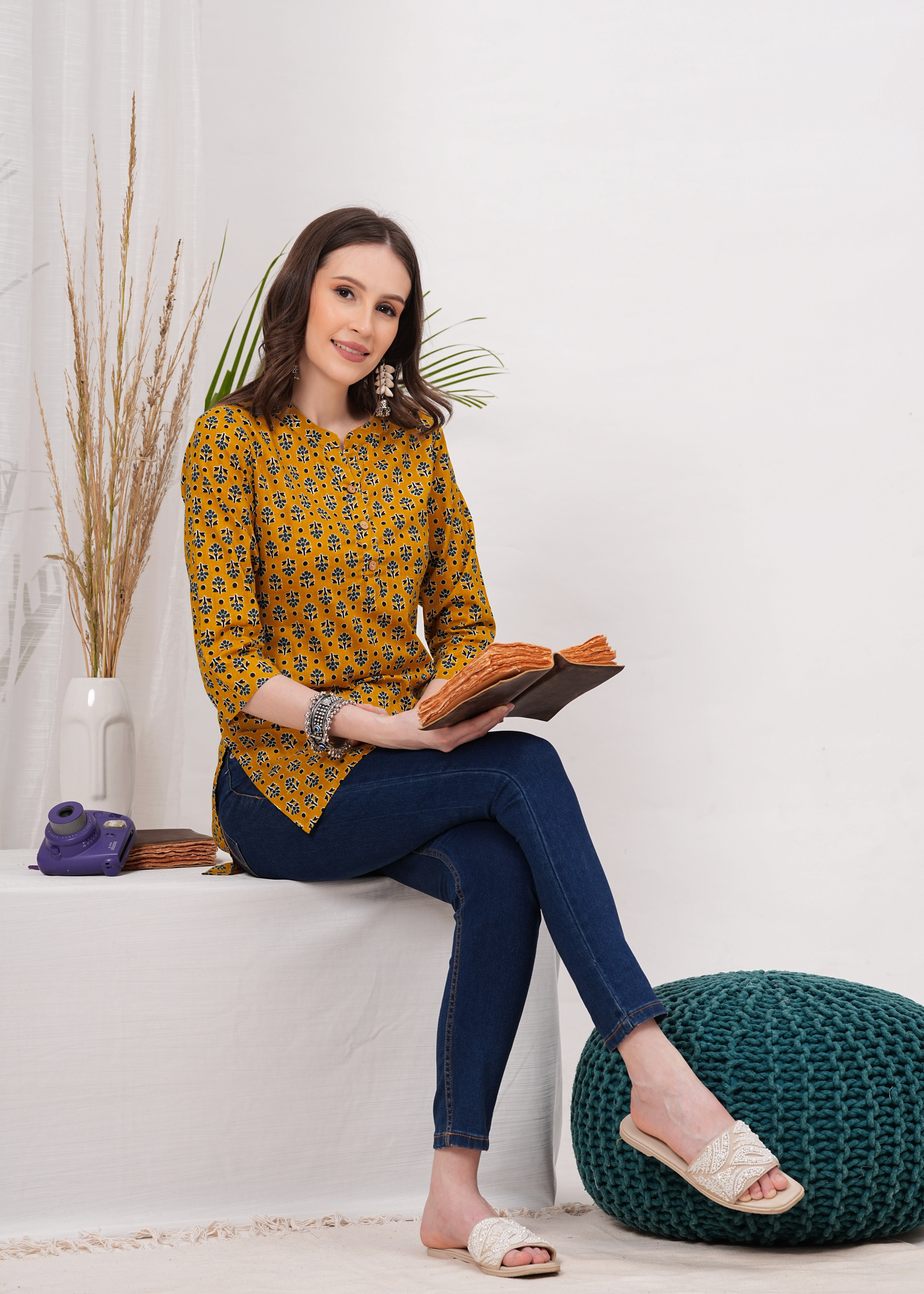 Chinese Collar with Button Chic Mustard Color Cotton Short Kurti -Warm Trendy and Effortless Style