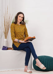 Chinese Collar with Button Chic Mustard Color Cotton Short Kurti -Warm Trendy and Effortless Style
