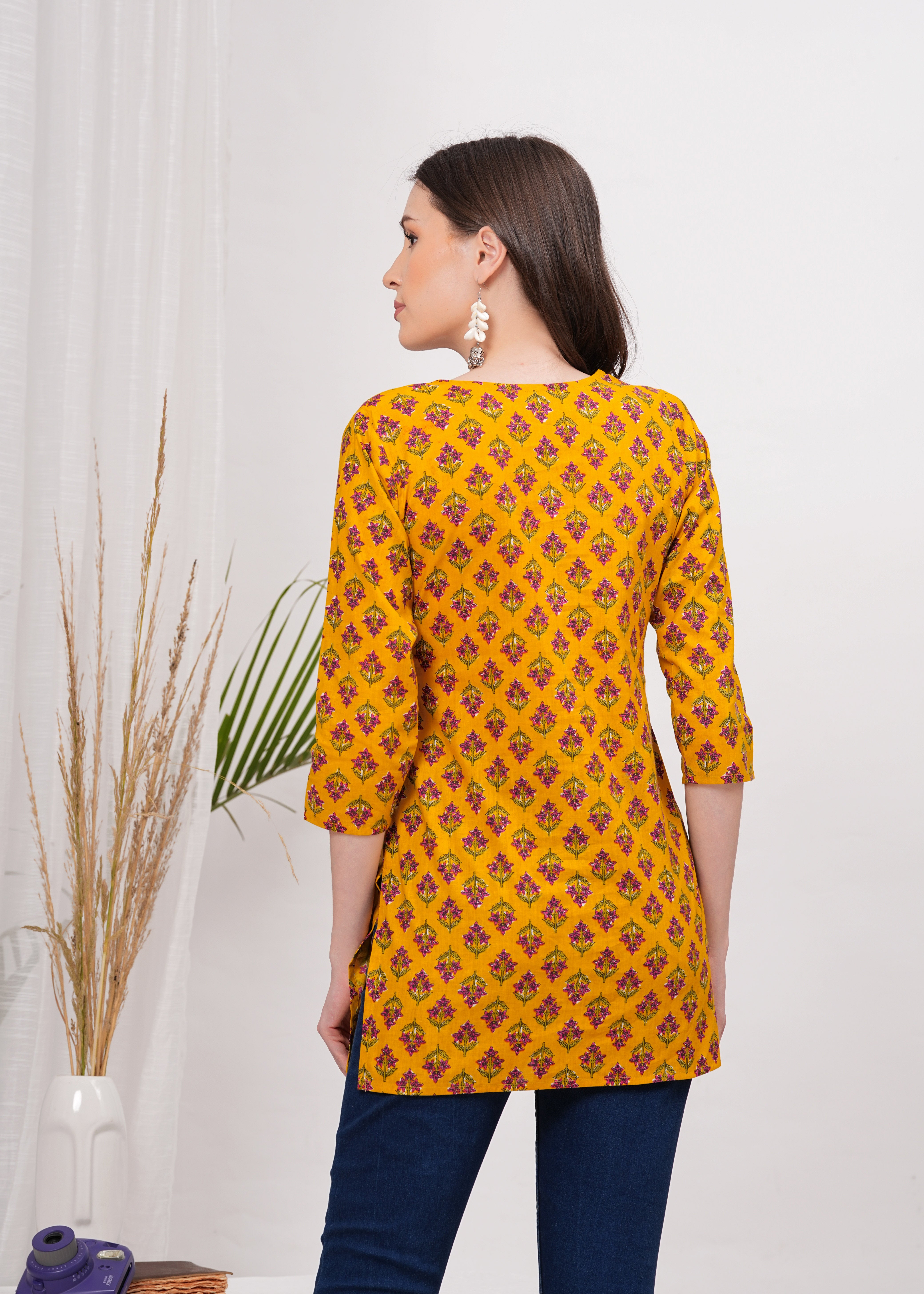 Sunlit Yellow Block Print Cotton Short Kurti - A Blend of Tradition and Contemporary Style