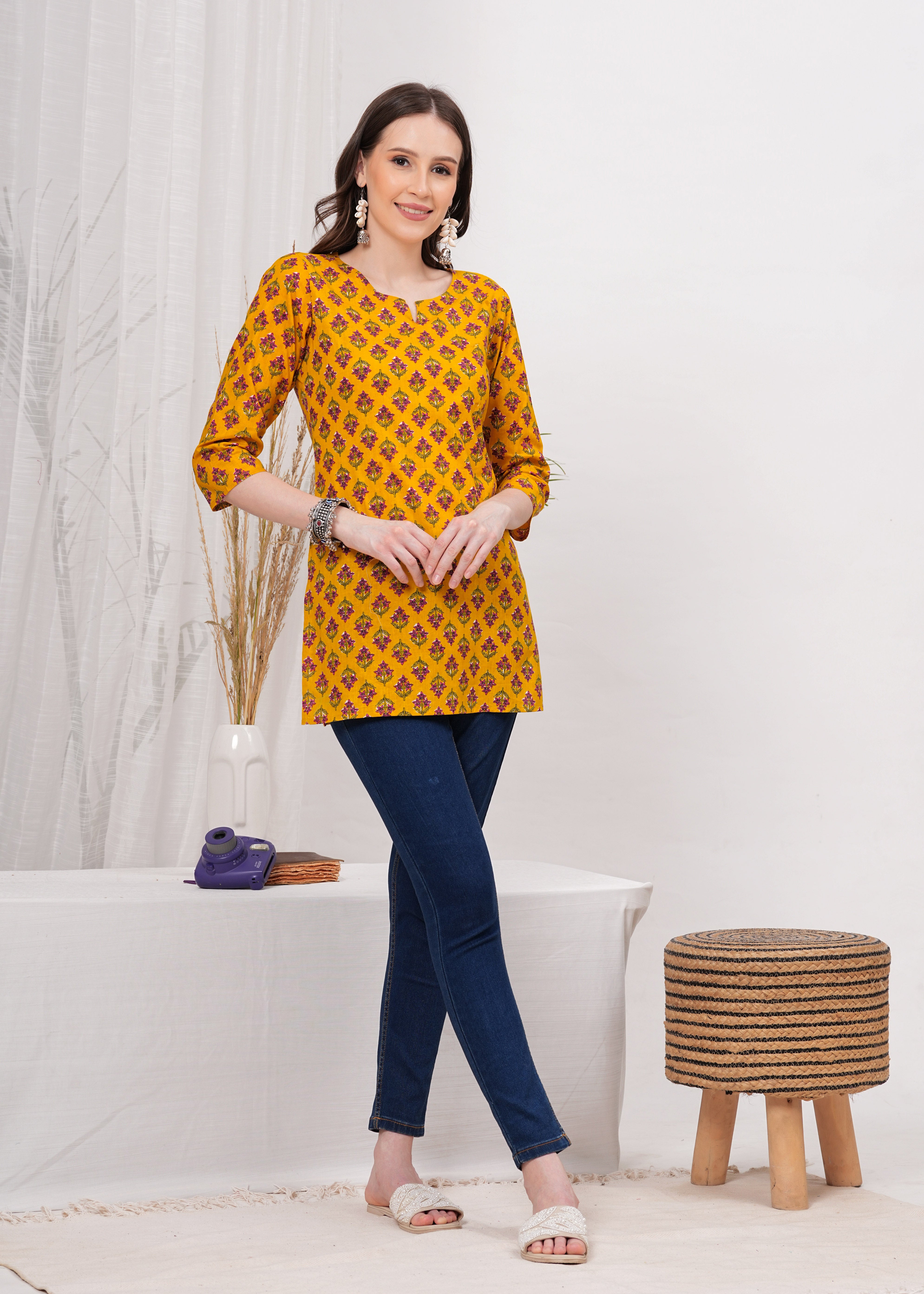 Sunlit Yellow Block Print Cotton Short Kurti - A Blend of Tradition and Contemporary Style