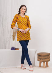 Sunlit Yellow Block Print Cotton Short Kurti - A Blend of Tradition and Contemporary Style