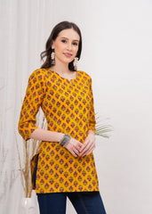 Sunlit Yellow Block Print Cotton Short Kurti - A Blend of Tradition and Contemporary Style