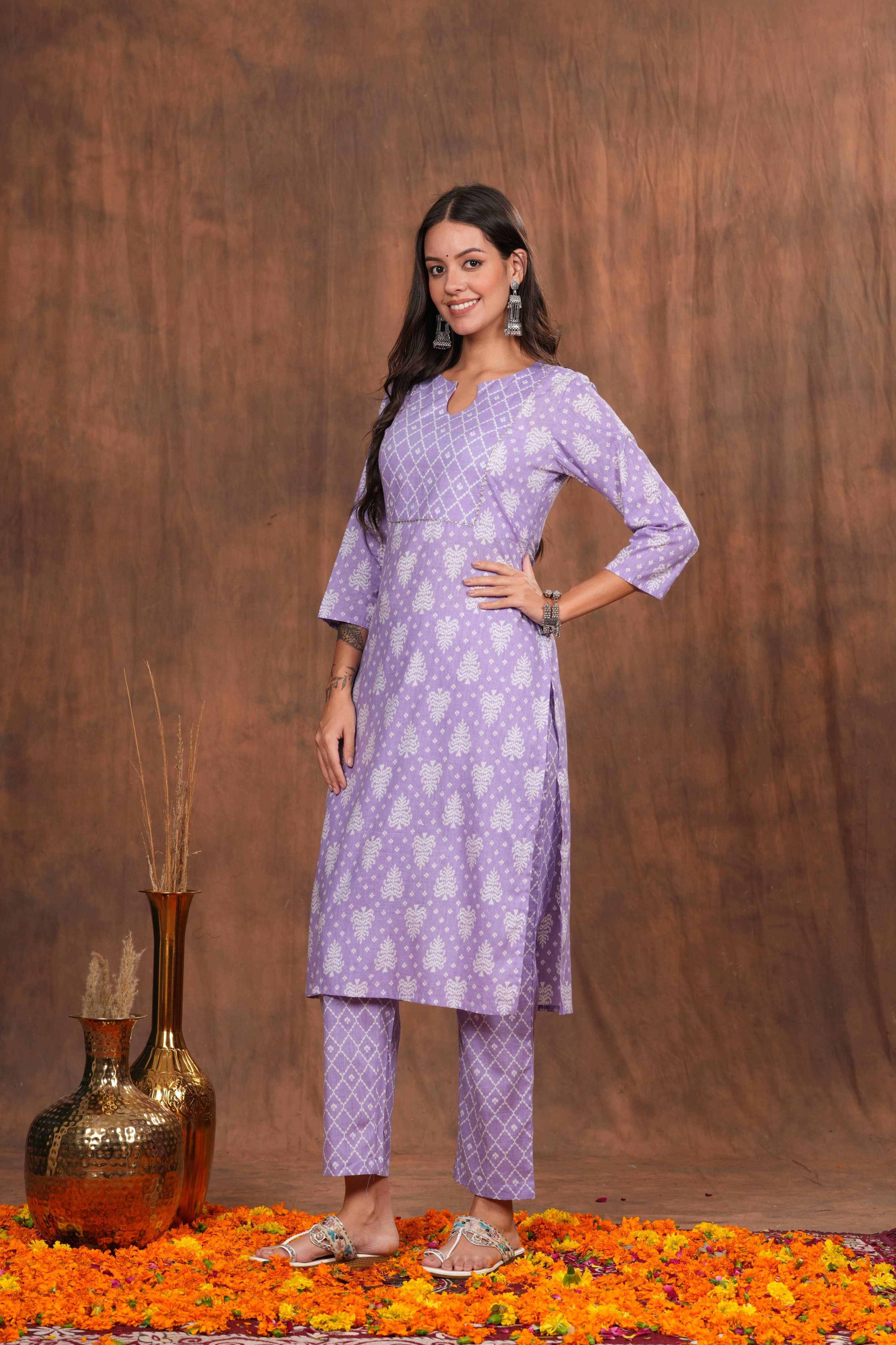 Ethereal Lavender Cotton Kurti - Soft Cotton with Delicate Print