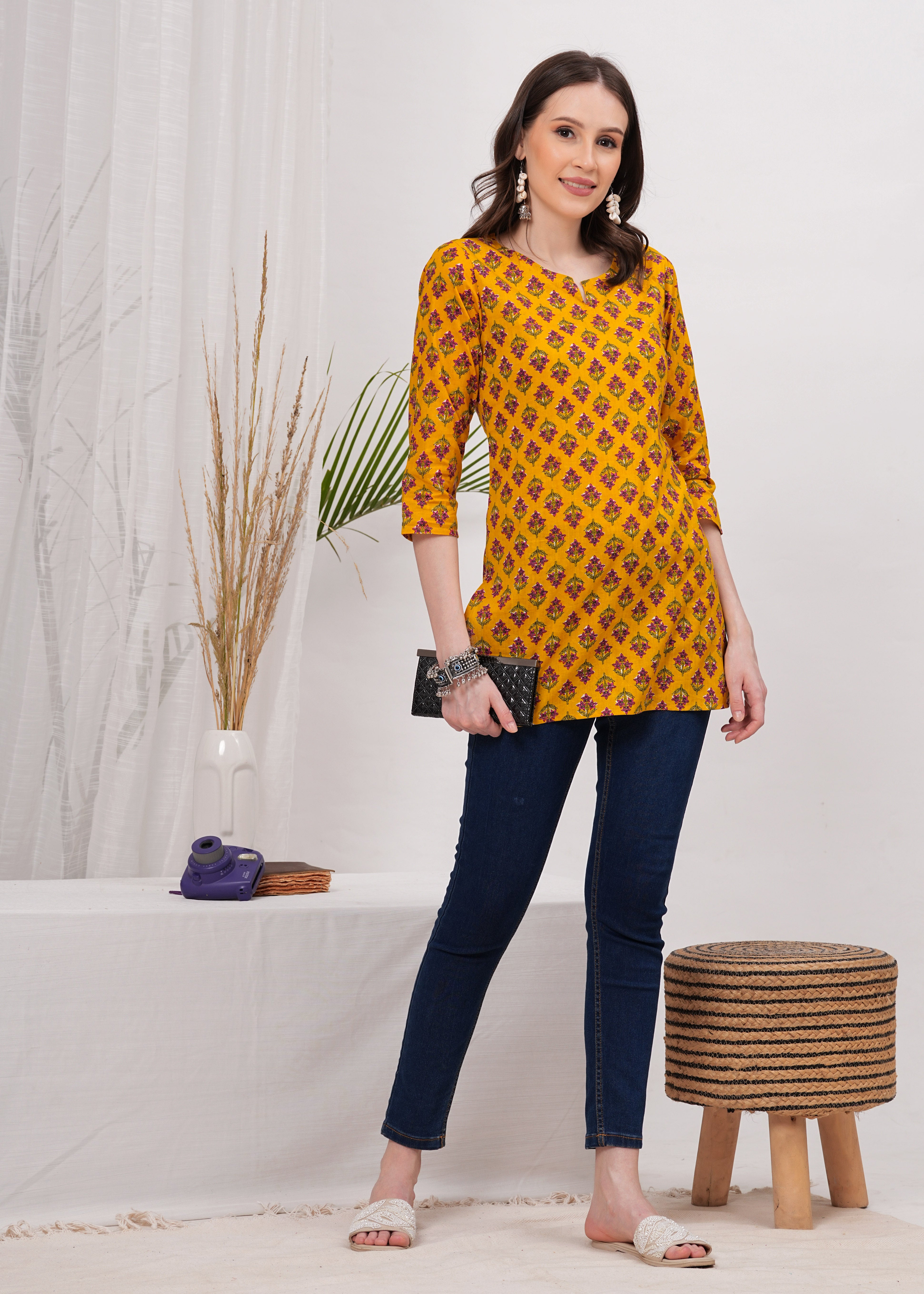 Sunlit Yellow Block Print Cotton Short Kurti - A Blend of Tradition and Contemporary Style