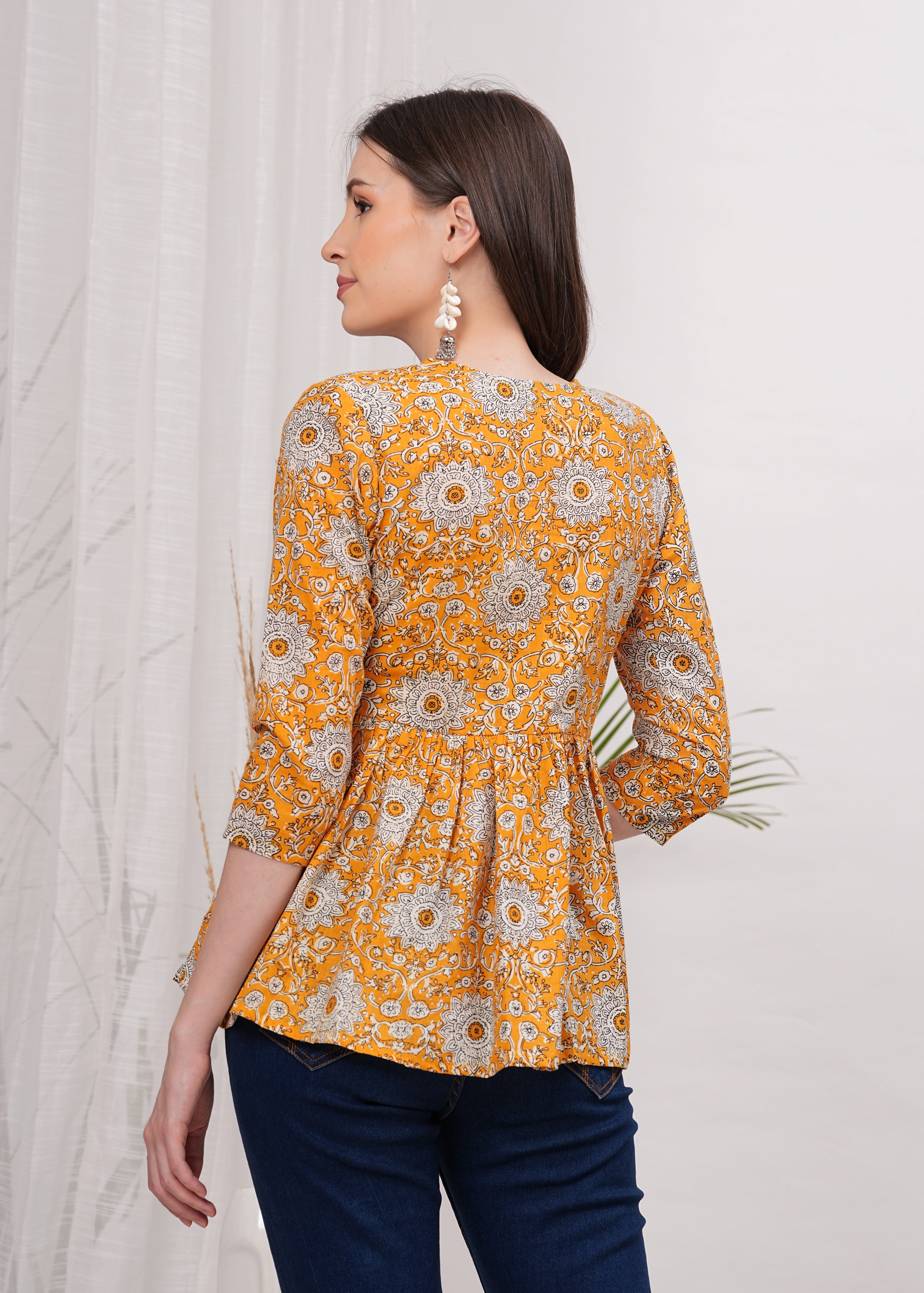 Cheerful Yellow Sunflower Print Peplum Top -Embrace Brightness and Playful Style
