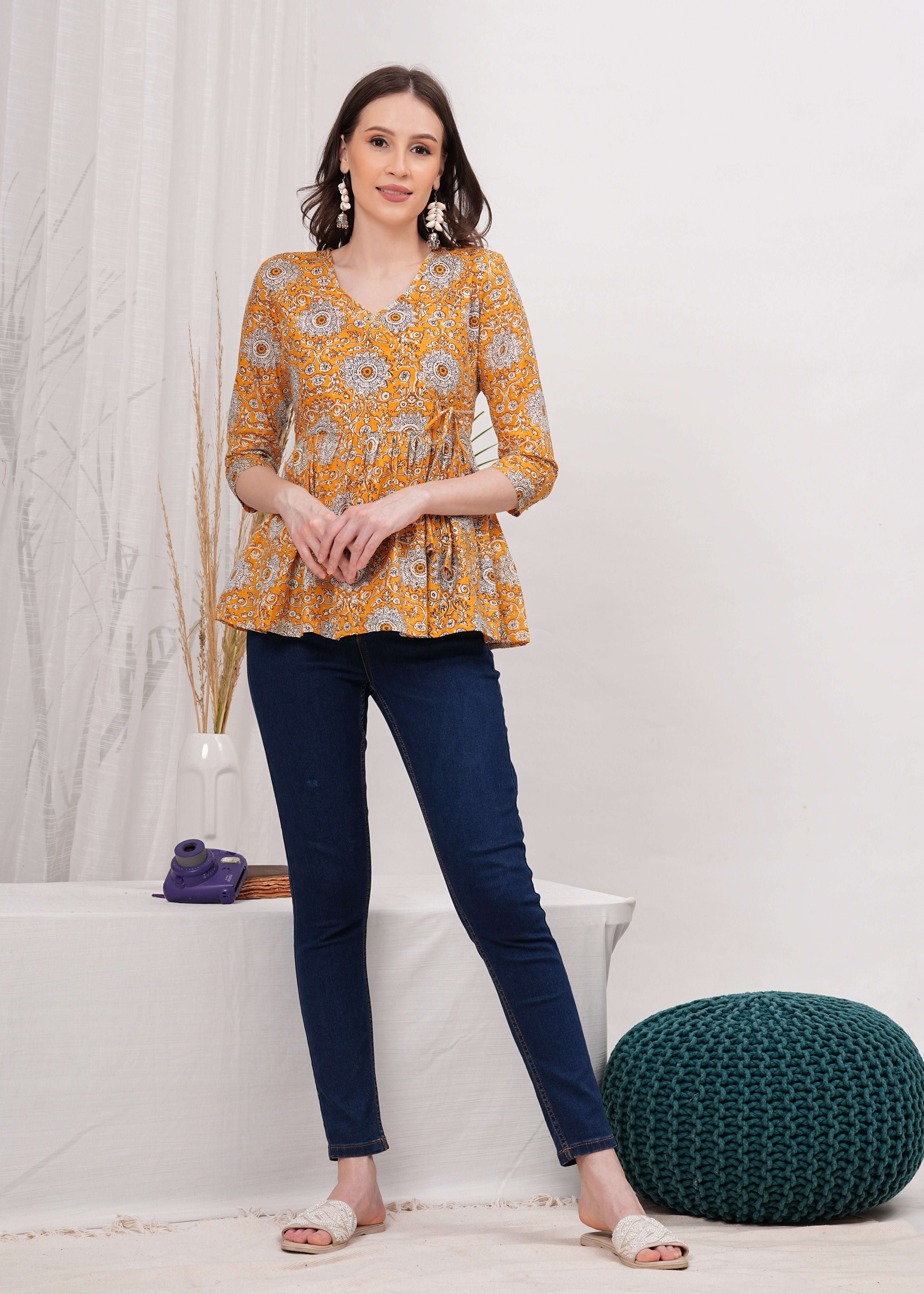 Cheerful Yellow Sunflower Print Peplum Top -Embrace Brightness and Playful Style