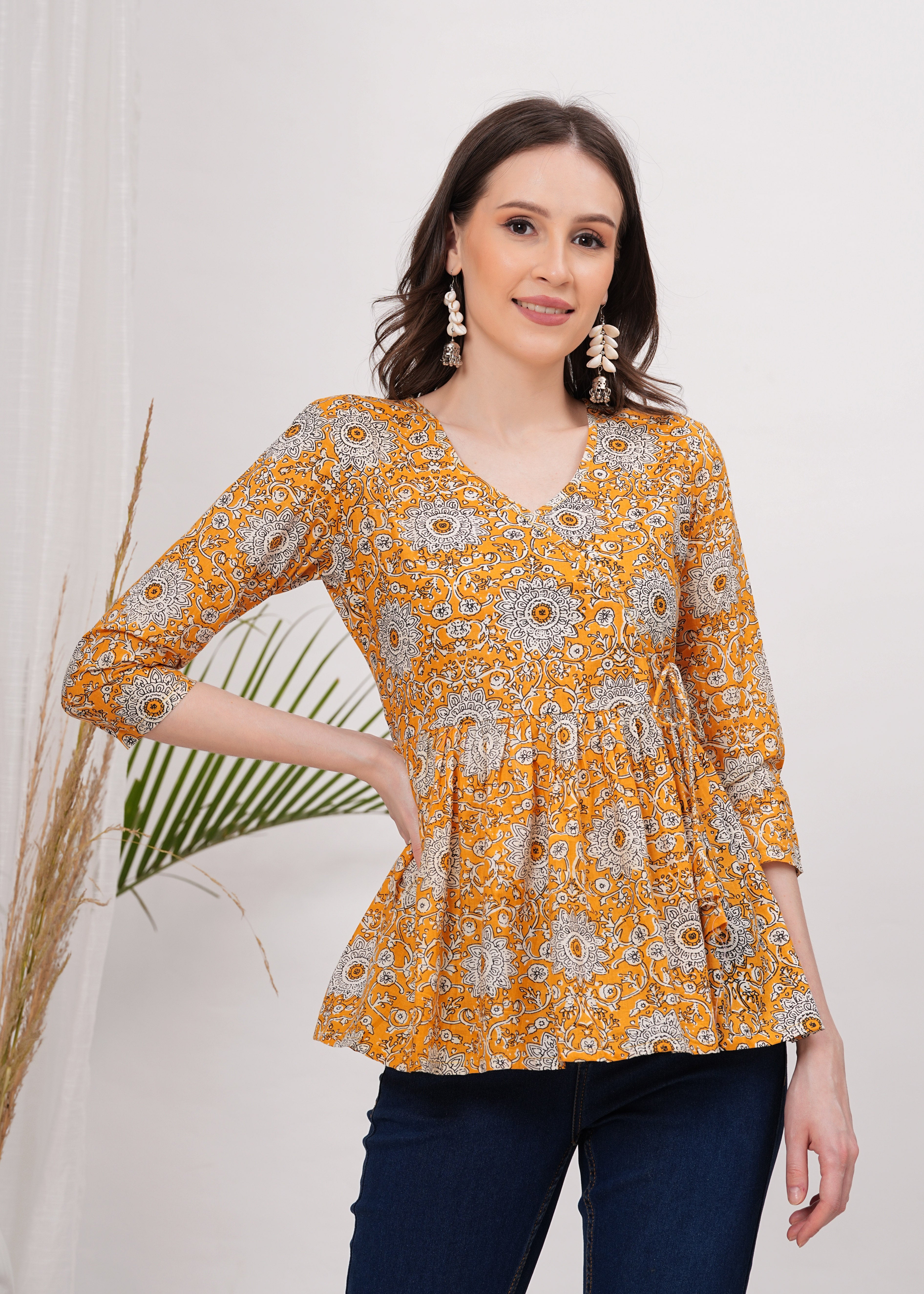 Cheerful Yellow Sunflower Print Peplum Top -Embrace Brightness and Playful Style