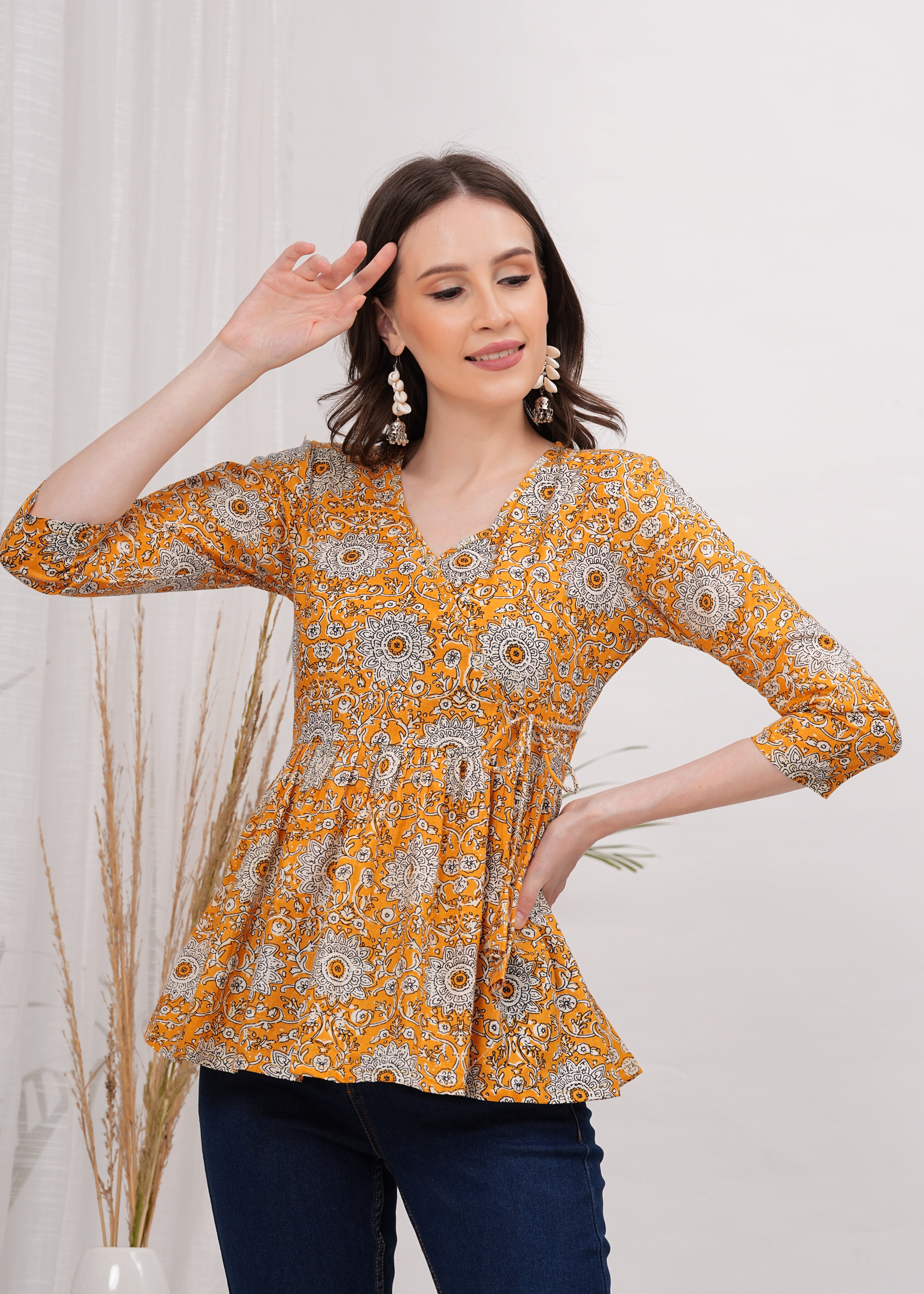 Cheerful Yellow Sunflower Print Peplum Top -Embrace Brightness and Playful Style