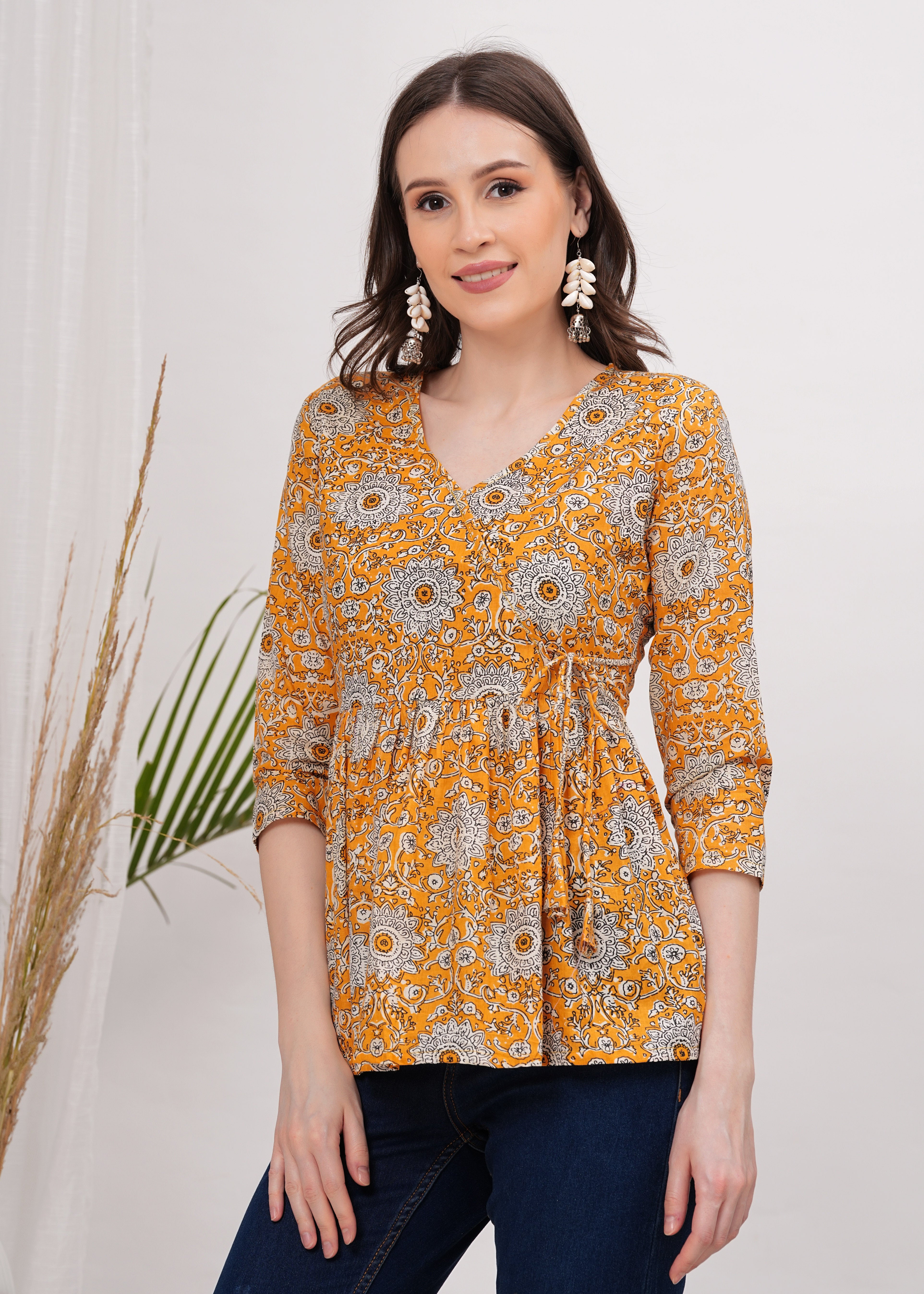 Cheerful Yellow Sunflower Print Peplum Top -Embrace Brightness and Playful Style