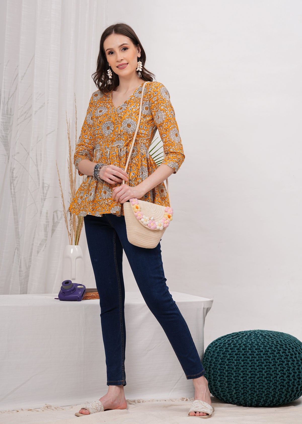Cheerful Yellow Sunflower Print Peplum Top -Embrace Brightness and Playful Style