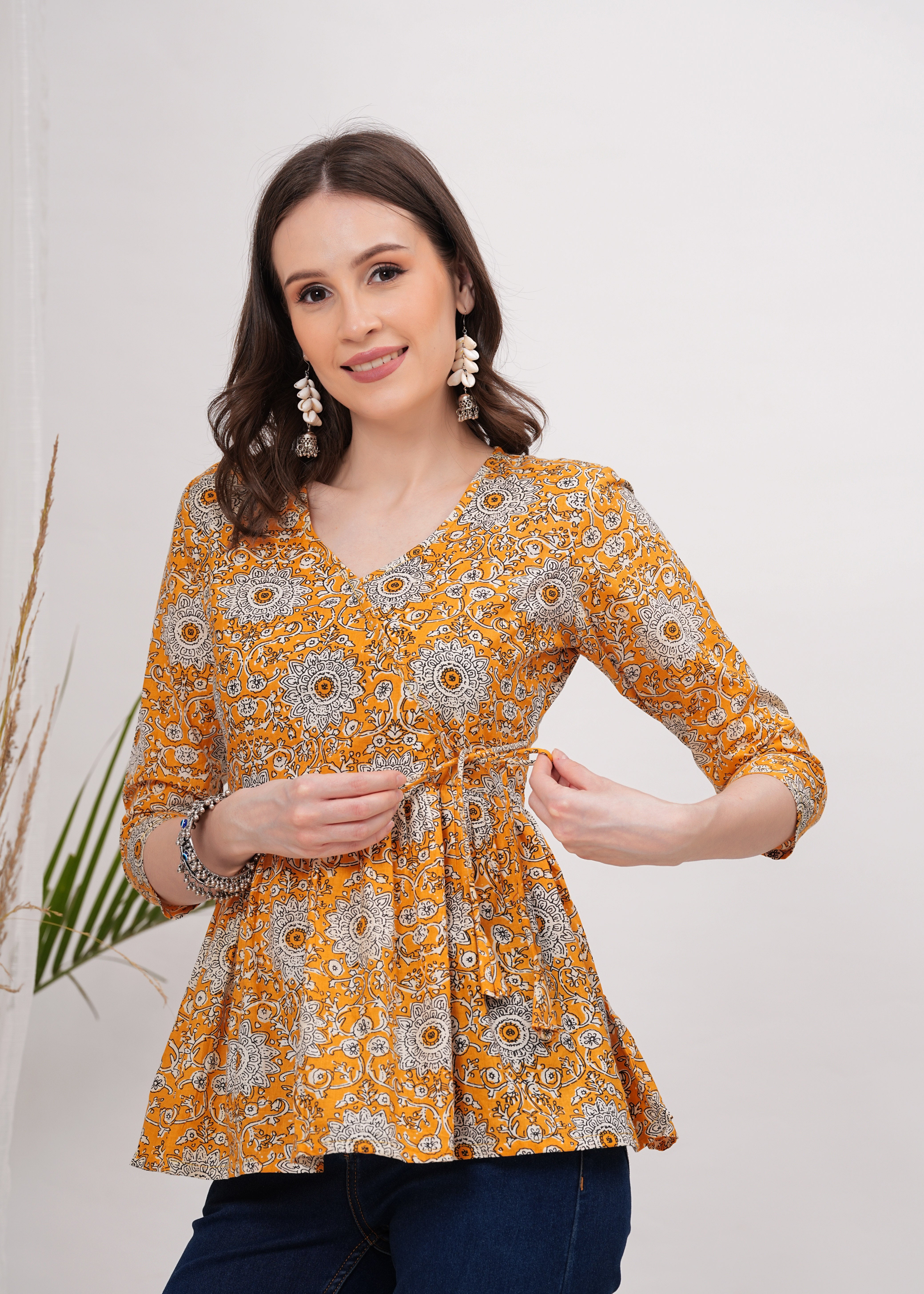 Cheerful Yellow Sunflower Print Peplum Top -Embrace Brightness and Playful Style