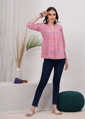 Trendy Pink Flared Pure Cotton Top - Flattering Silhouette For Effortless Chic