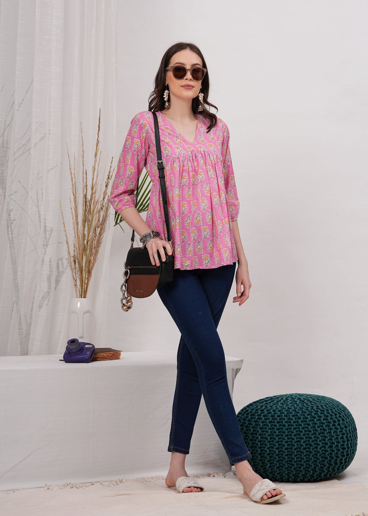 Trendy Pink Flared Pure Cotton Top - Flattering Silhouette For Effortless Chic