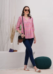 Trendy Pink Flared Pure Cotton Top - Flattering Silhouette For Effortless Chic