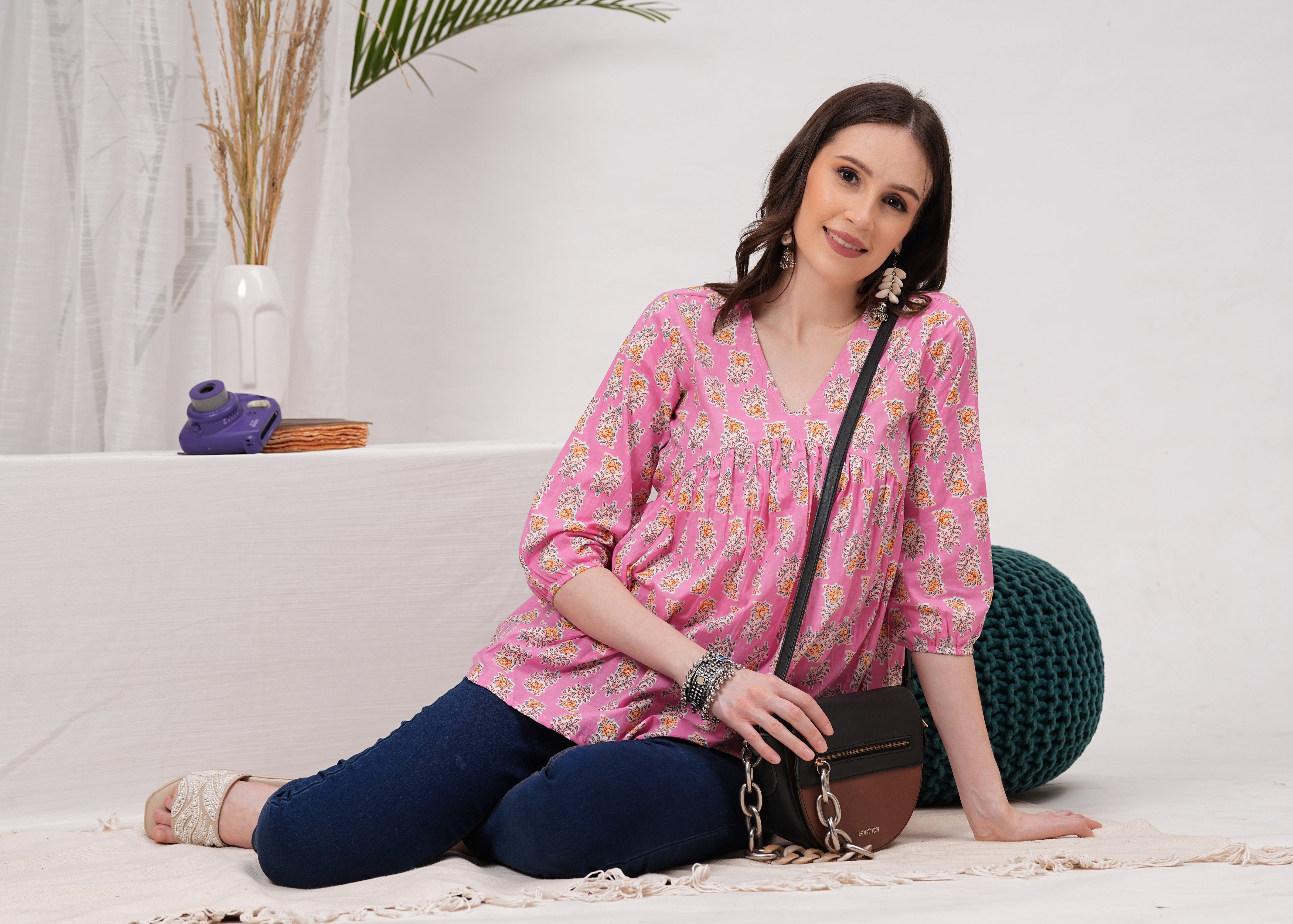 Trendy Pink Flared Pure Cotton Top - Flattering Silhouette For Effortless Chic