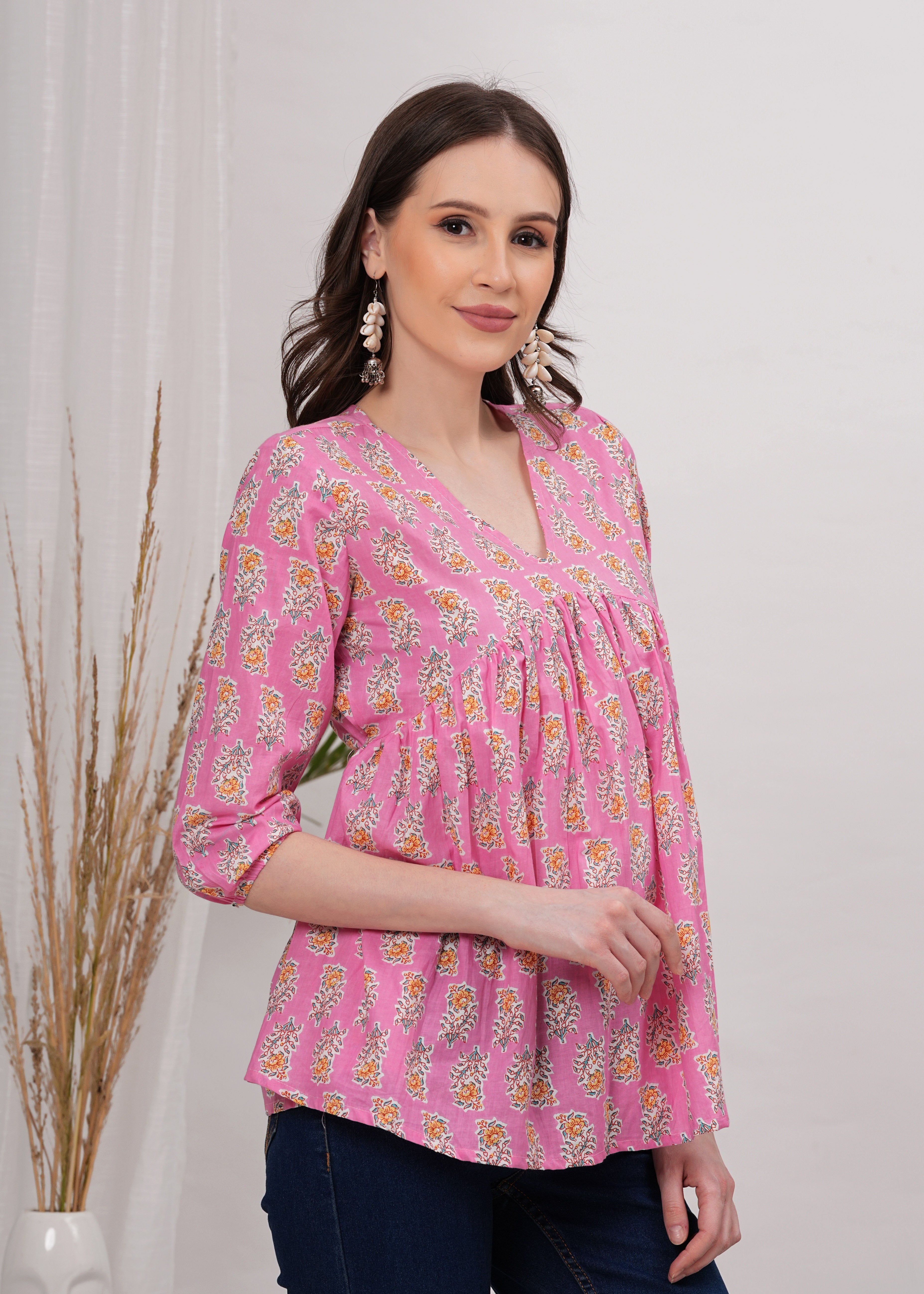 Trendy Pink Flared Pure Cotton Top - Flattering Silhouette For Effortless Chic